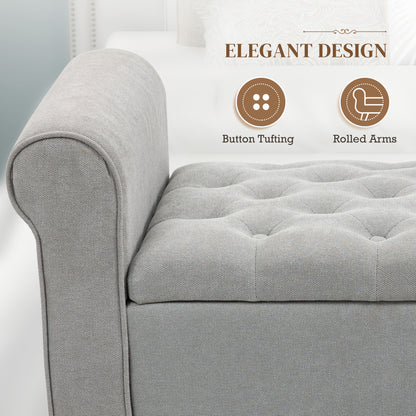 50 Inches Storage Ottoman, Upholstered Bedroom Bench with Rolled Arms and Button Tufted Storage, Light Grey