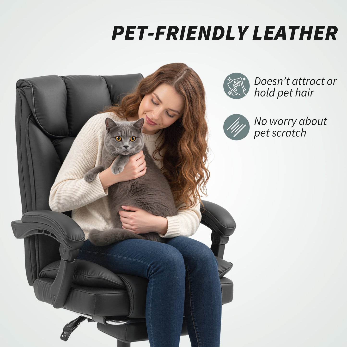 Executive Office Chair, Pet-Friendly Leather Ergonomic Desk Chair with Footrest, Swivel Recliner, Black