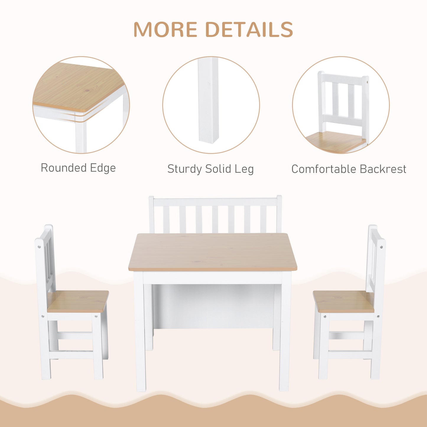 Qaba 4-Piece Set Kids Wood Table Chair Bench with Storage Function Easy to Clean Gift for Girls Boys Toddlers Age 3 Years up Natural and White