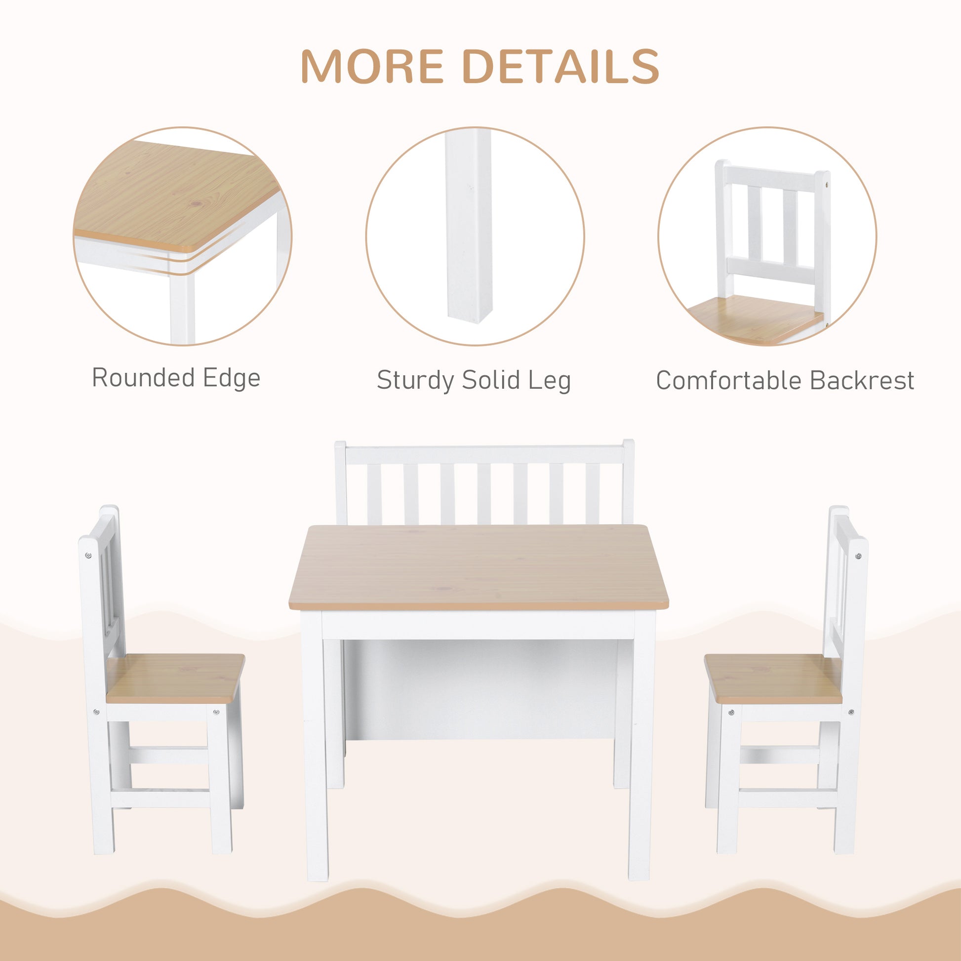 Qaba 4-Piece Set Kids Wood Table Chair Bench with Storage Function Easy to Clean Gift for Girls Boys Toddlers Age 3 Years up Natural and White