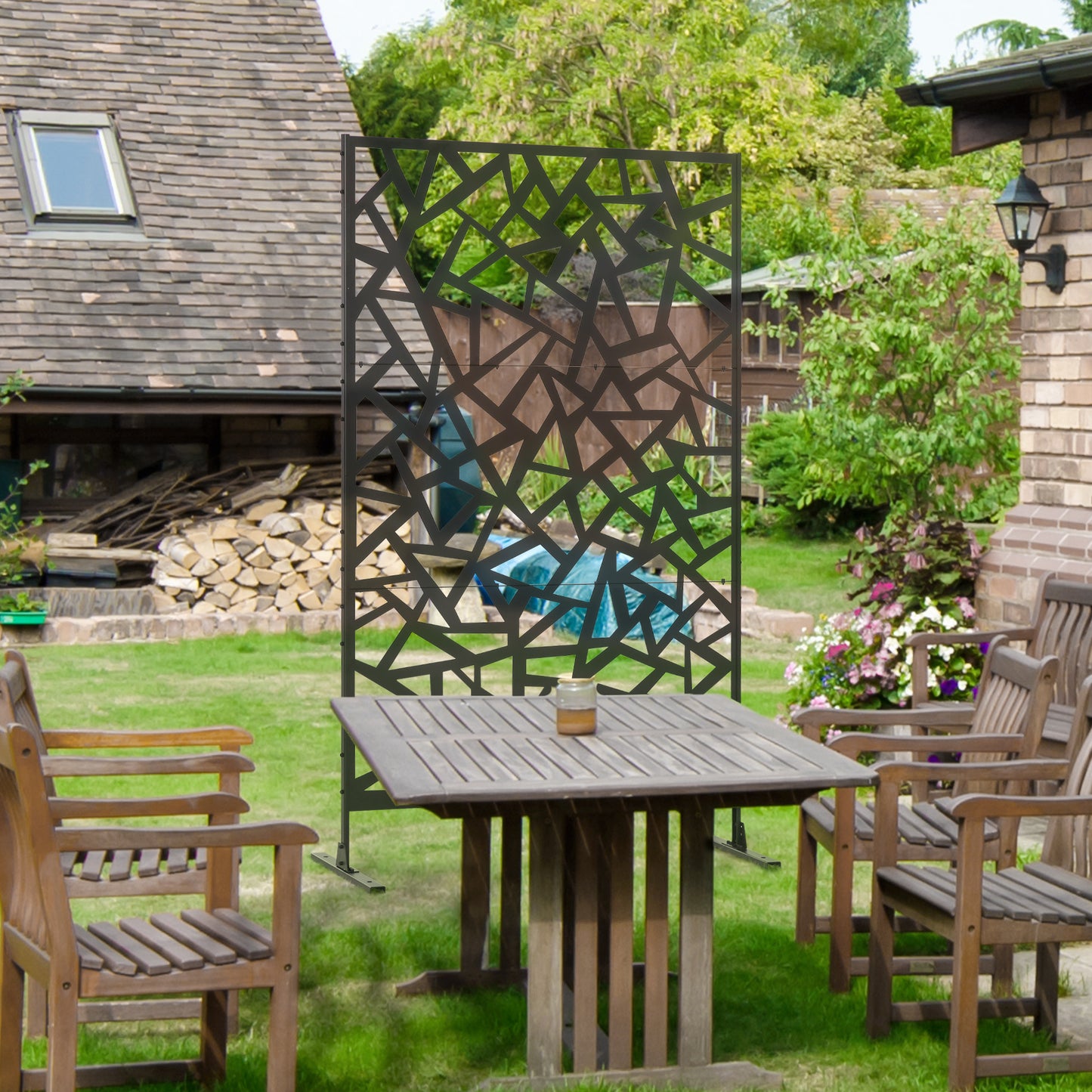 Garden Privacy Screen, Decorative Outdoor Divider, Metal Privacy Screen with Stand, Irregular Fence Style, Black