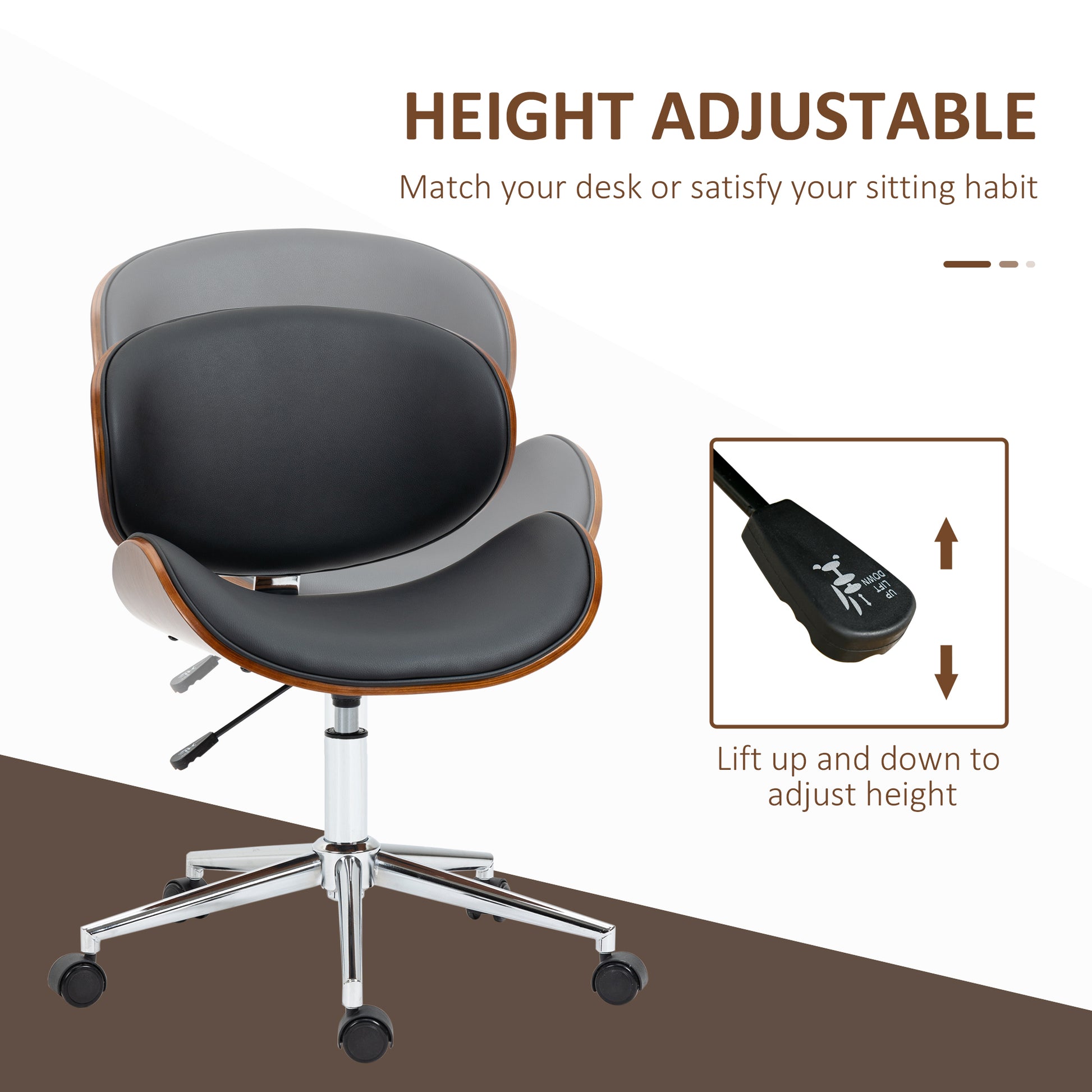Office Chair, Faux Leather and Bentwood Computer Desk Chair with 360 Degree Swivel Wheels, Adjustable Height and Curved Seat, Black