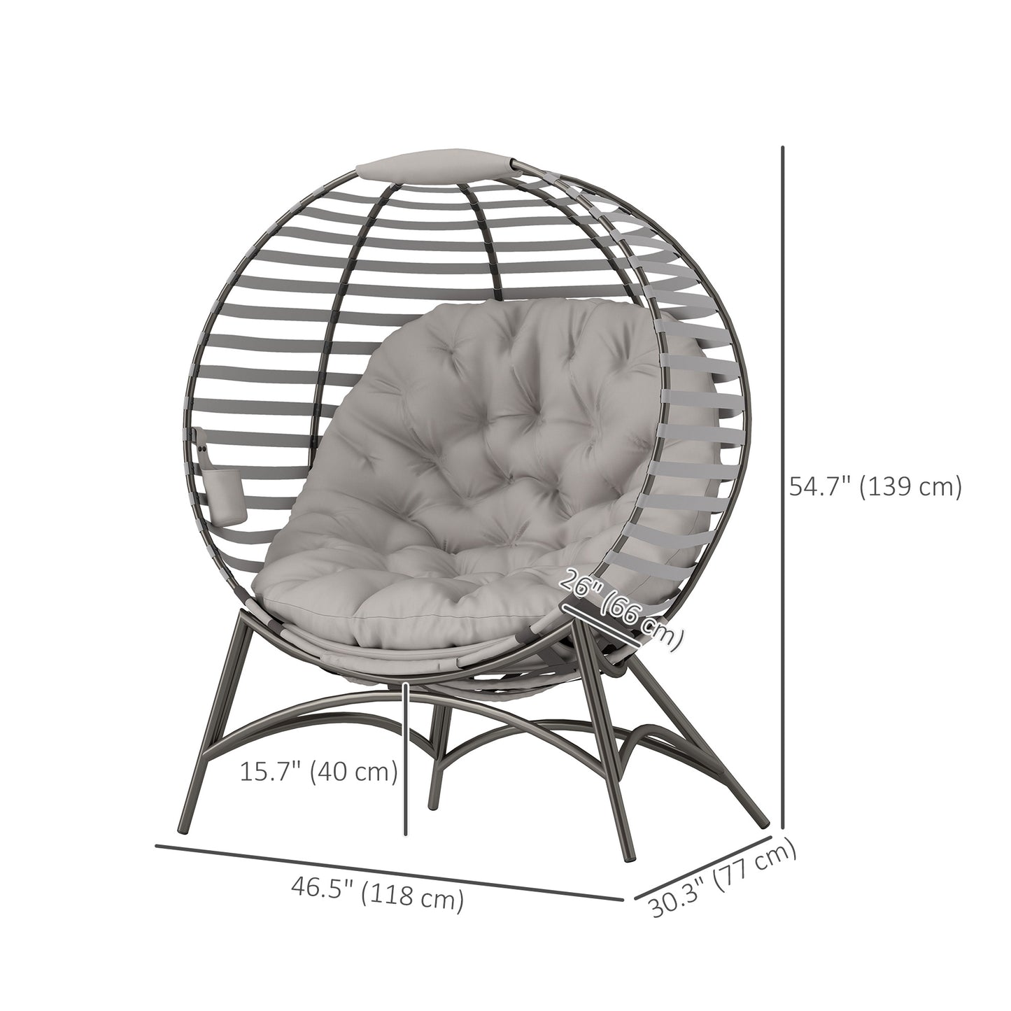 Egg Chair, Patio Lounge Chair, Foldable Basket Chair with Large Seat Cushion, Side Pocket, Light Grey
