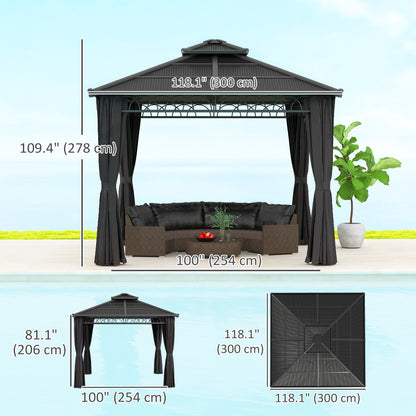 10' x 10' Outdoor Hardtop Gazebo Canopy with Double PC Roof, Steel Frame, Nettings, Curtains for Garden Lawn Deck, Black