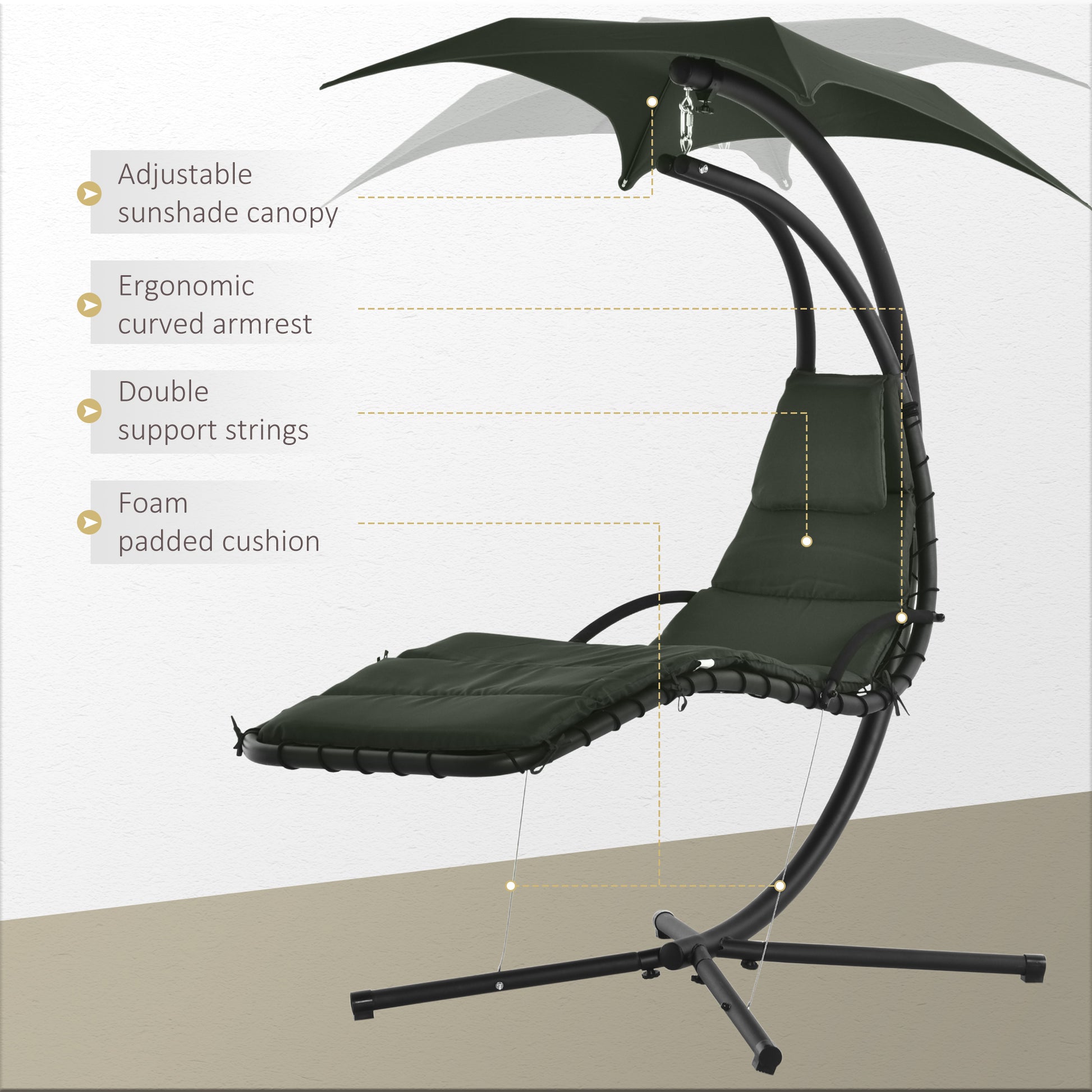 Outdoor Hammock Chair with Stand, Floating Chaise Lounge Chair with Soft Padded Cushion, Hanging Hammock Swing Reclining Seat with Canopy Umbrella, Charcoal Grey