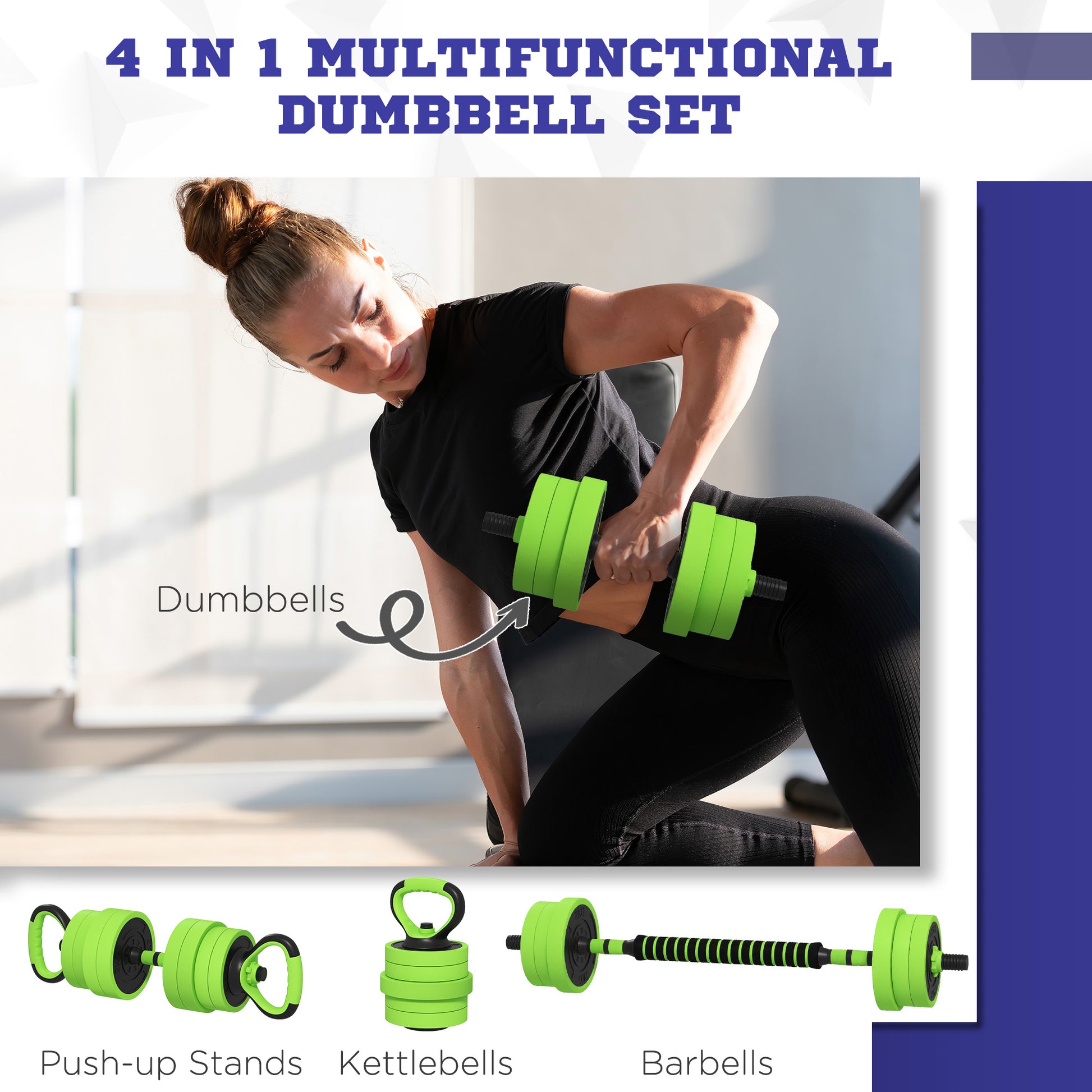 Soozier 88lbs 4-in-1 Adjustable Weight Dumbbell Set, Barbell, Kettlebell, Push Up Stand, Green
