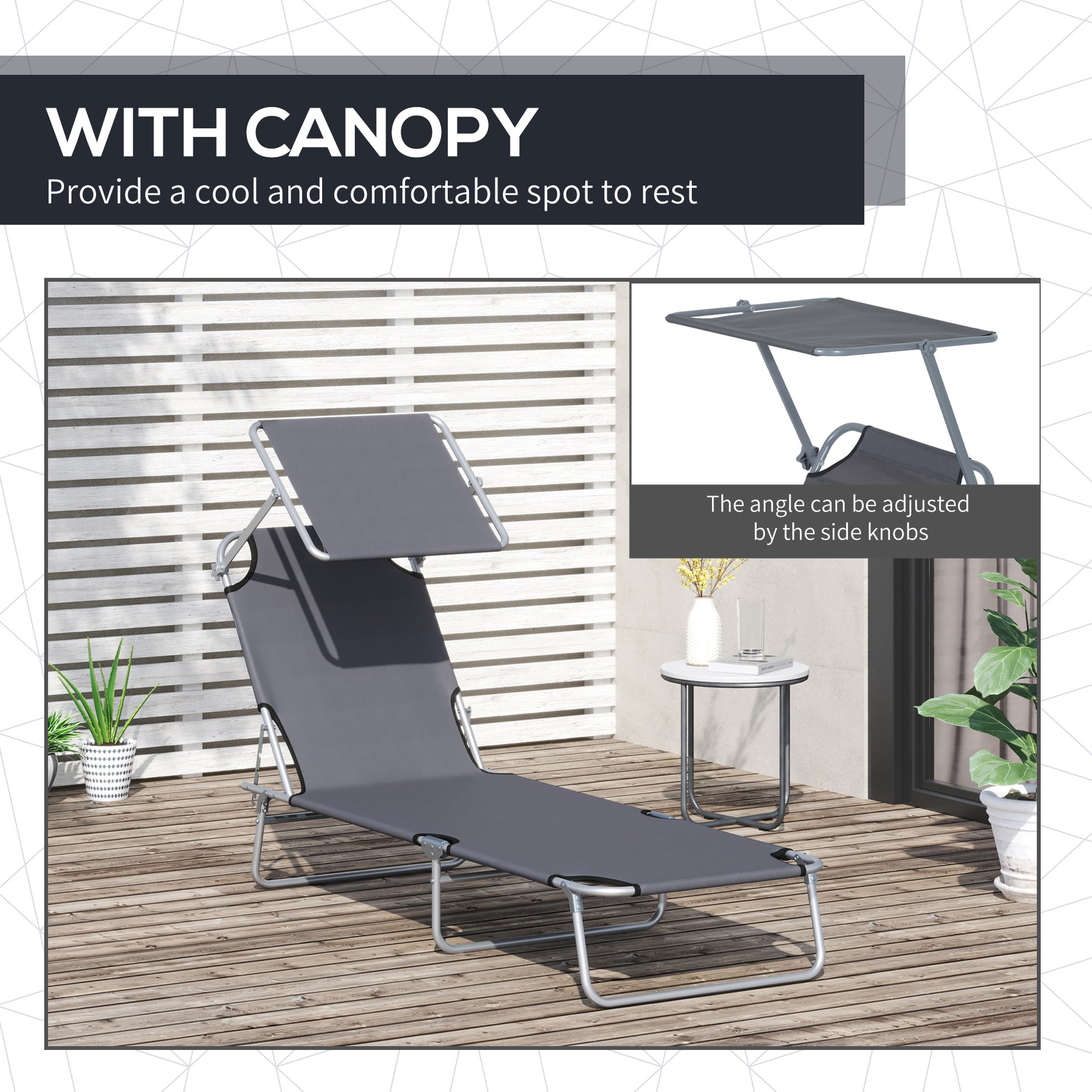 Outdoor Lounge Chair, Adjustable Folding Chaise Lounge, Tanning Chair with Sun Shade for Beach, Camping, Hiking, Backyard, Grey