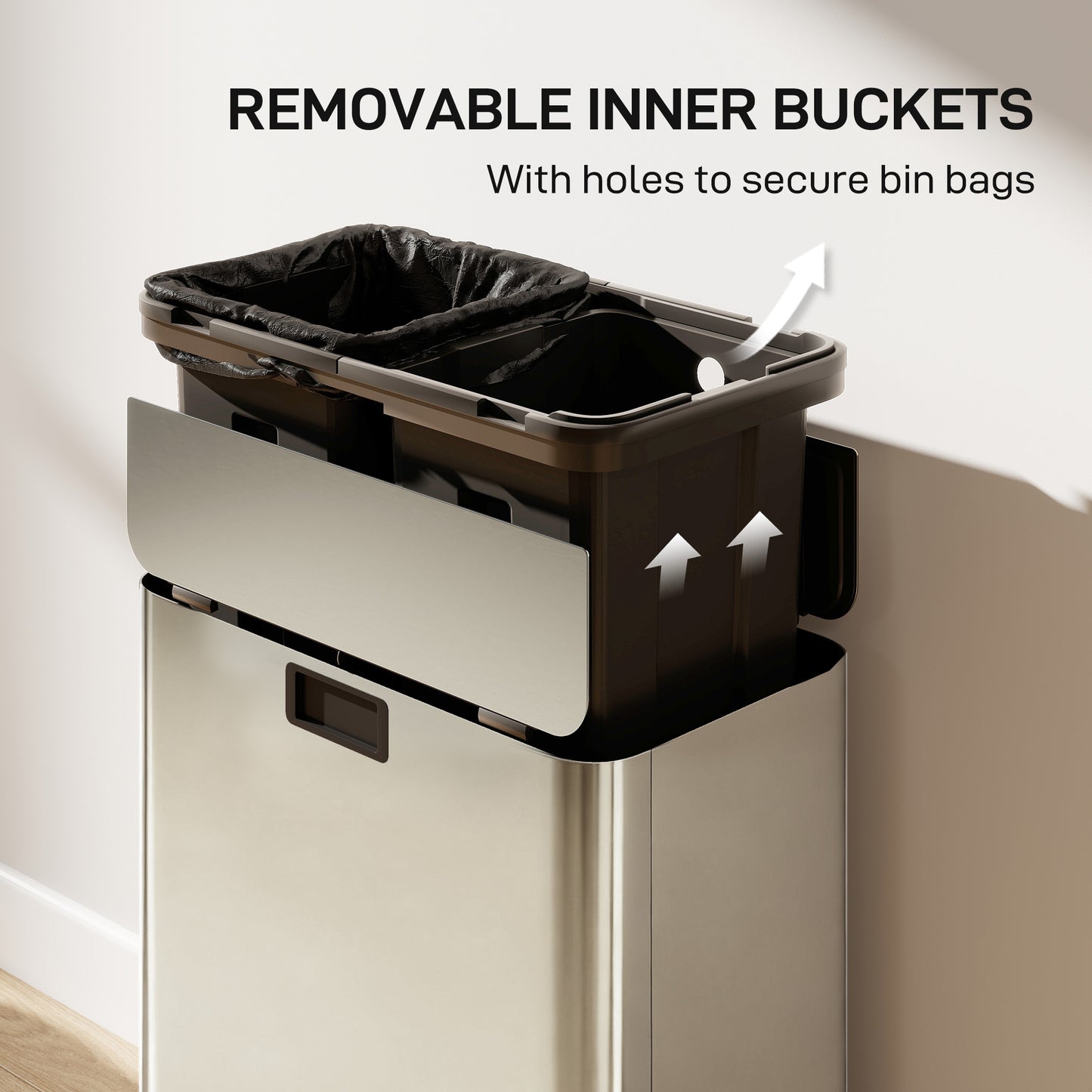 Dual Trash Can with Soft-Close Lid, Garbage Can with Removable Inner Bucket for Kitchen 14.8gal, Silver