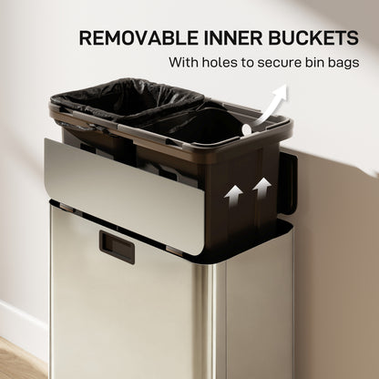Dual Trash Can with Soft-Close Lid, Garbage Can with Removable Inner Bucket for Kitchen 14.8gal, Silver