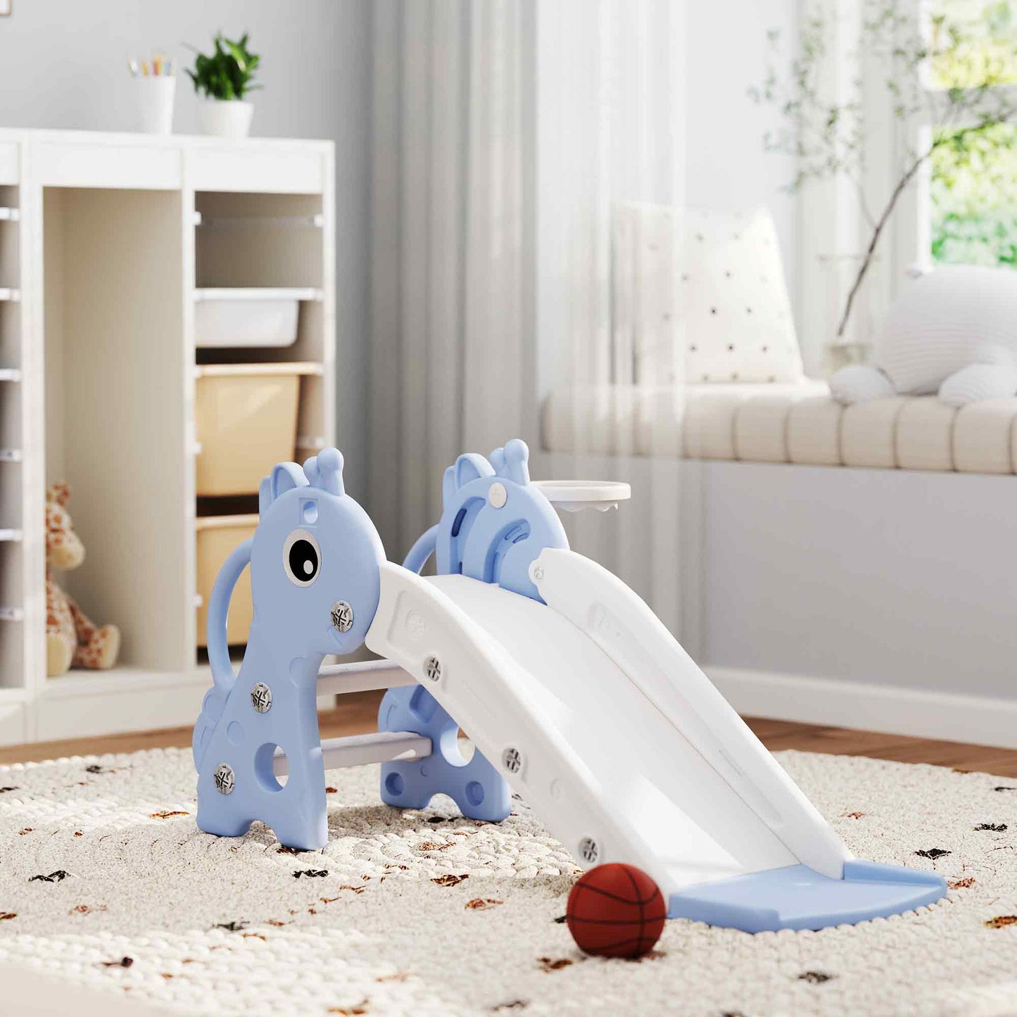 Qaba 3 in 1 Toddler Slide for Age 1-3, Kids Slide with Climber, Basketball Hoop and Ball, Giraffe Design, Blue