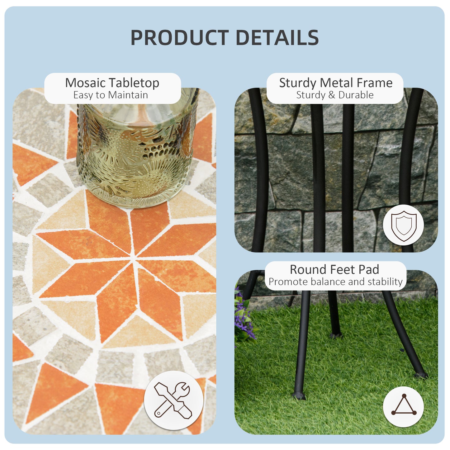 Mosaic Patio Table, Round Coffee Table with Metal Frame, Garden Furniture for Outdoor, Poolside, Yellow & Grey