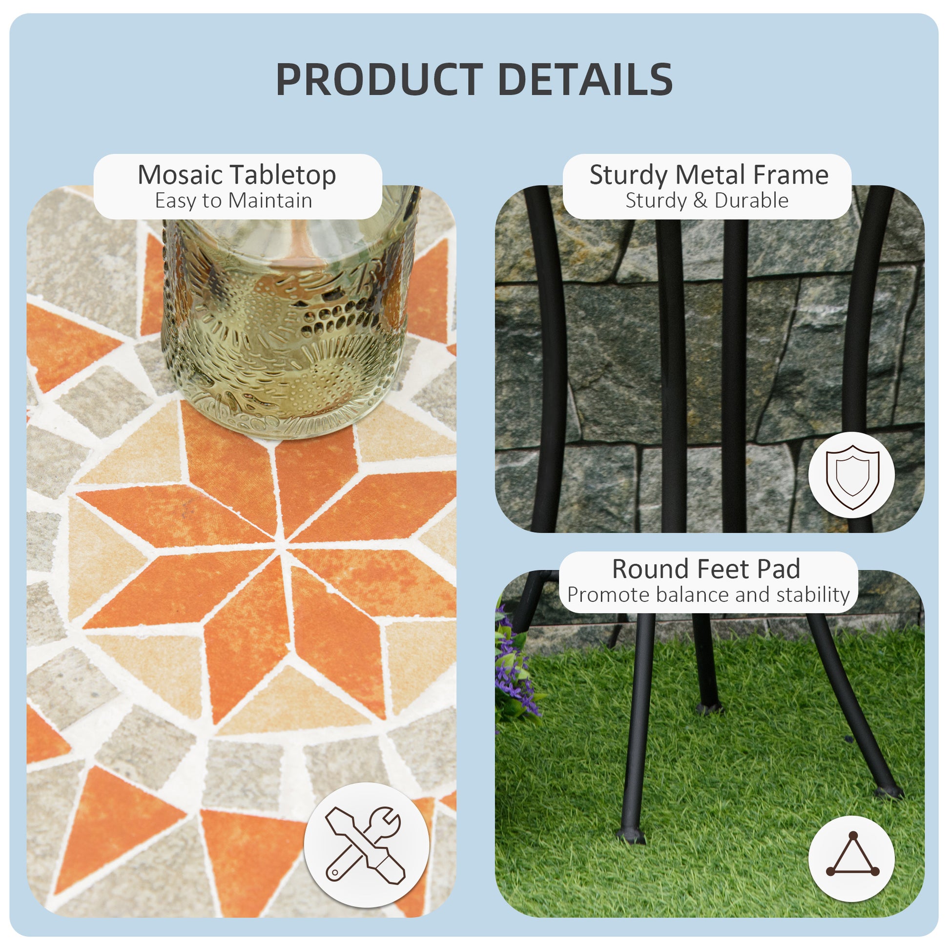 Mosaic Patio Table, Round Coffee Table with Metal Frame, Garden Furniture for Outdoor, Poolside, Yellow & Grey