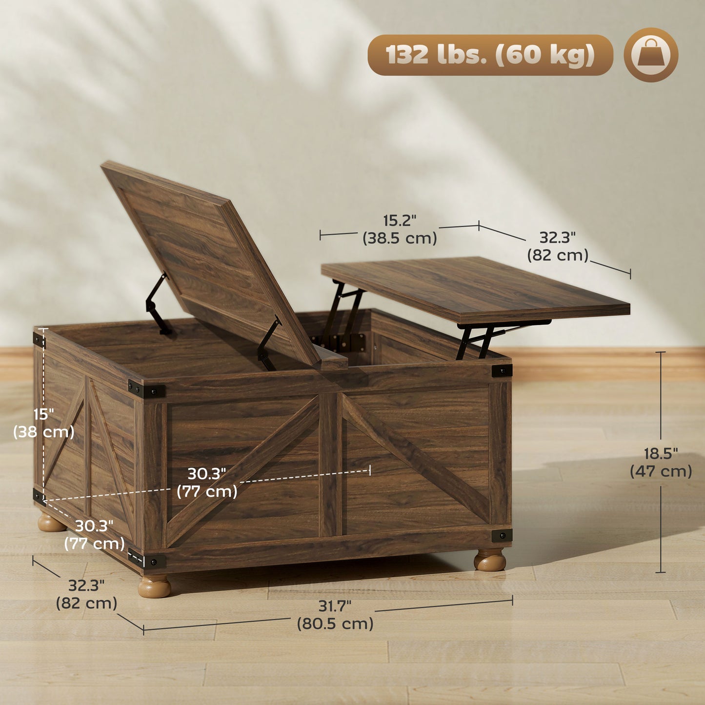 Coffee Table with Lift Top, 32" Farmhouse Center Table with Hidden Compartment for Living Room, Brown Wood Grain