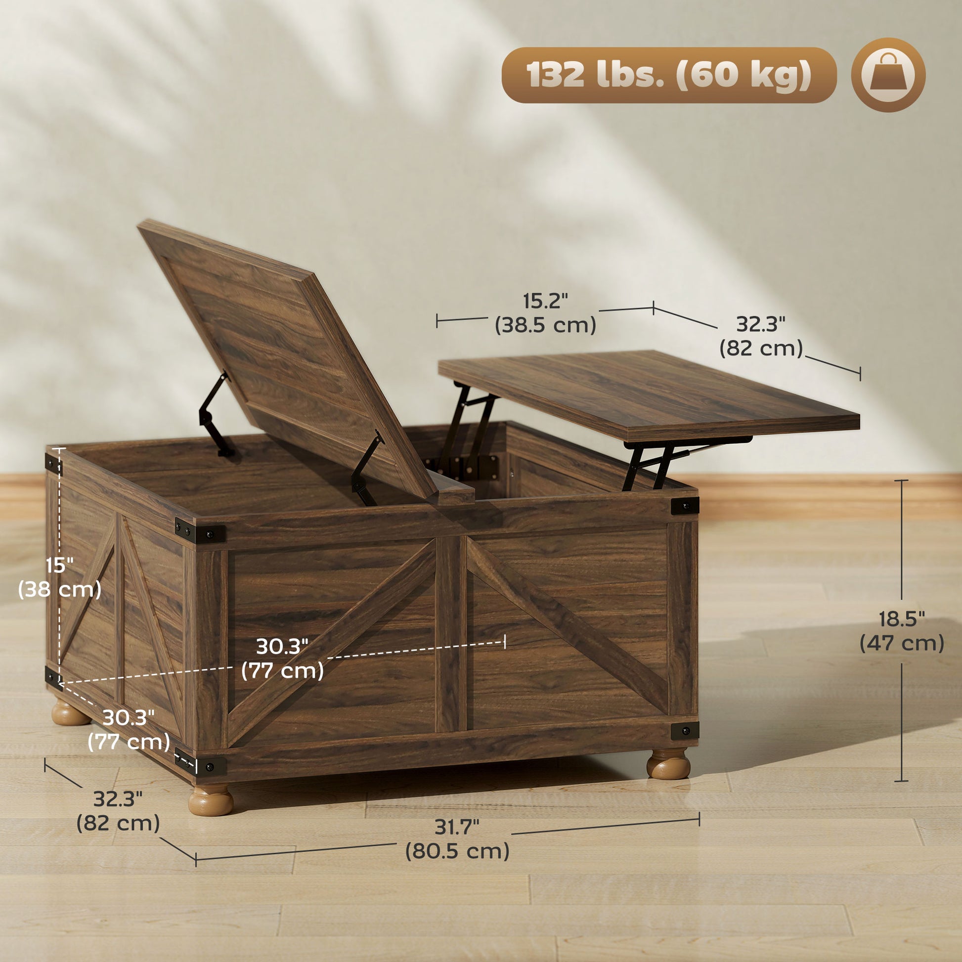Coffee Table with Lift Top, 32" Farmhouse Center Table with Hidden Compartment for Living Room, Brown Wood Grain