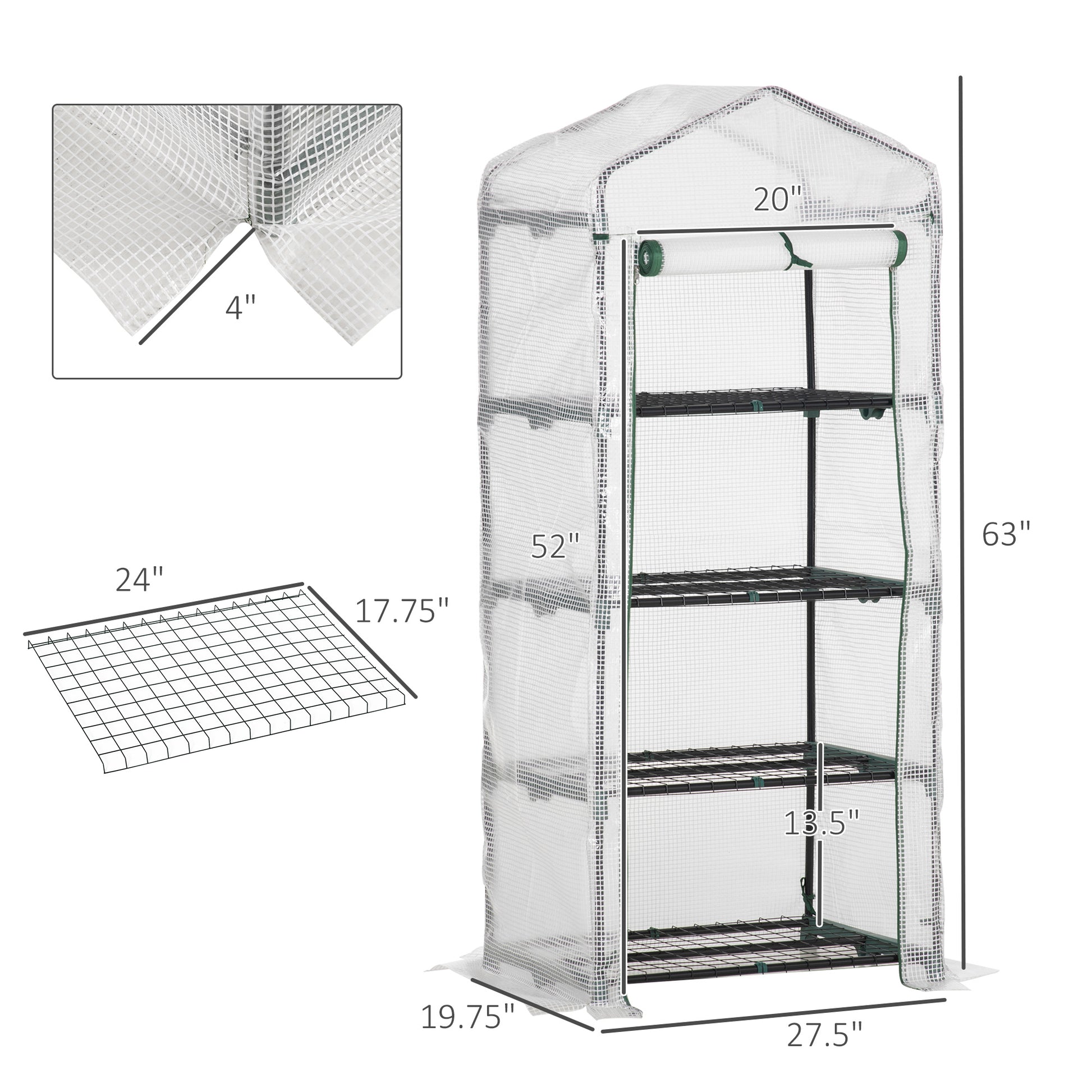 Portable Greenhouse Outdoor Hot House with 4 Tier Shelves, Steel Frame, PE Cover, 28" x 20" x 63" , White