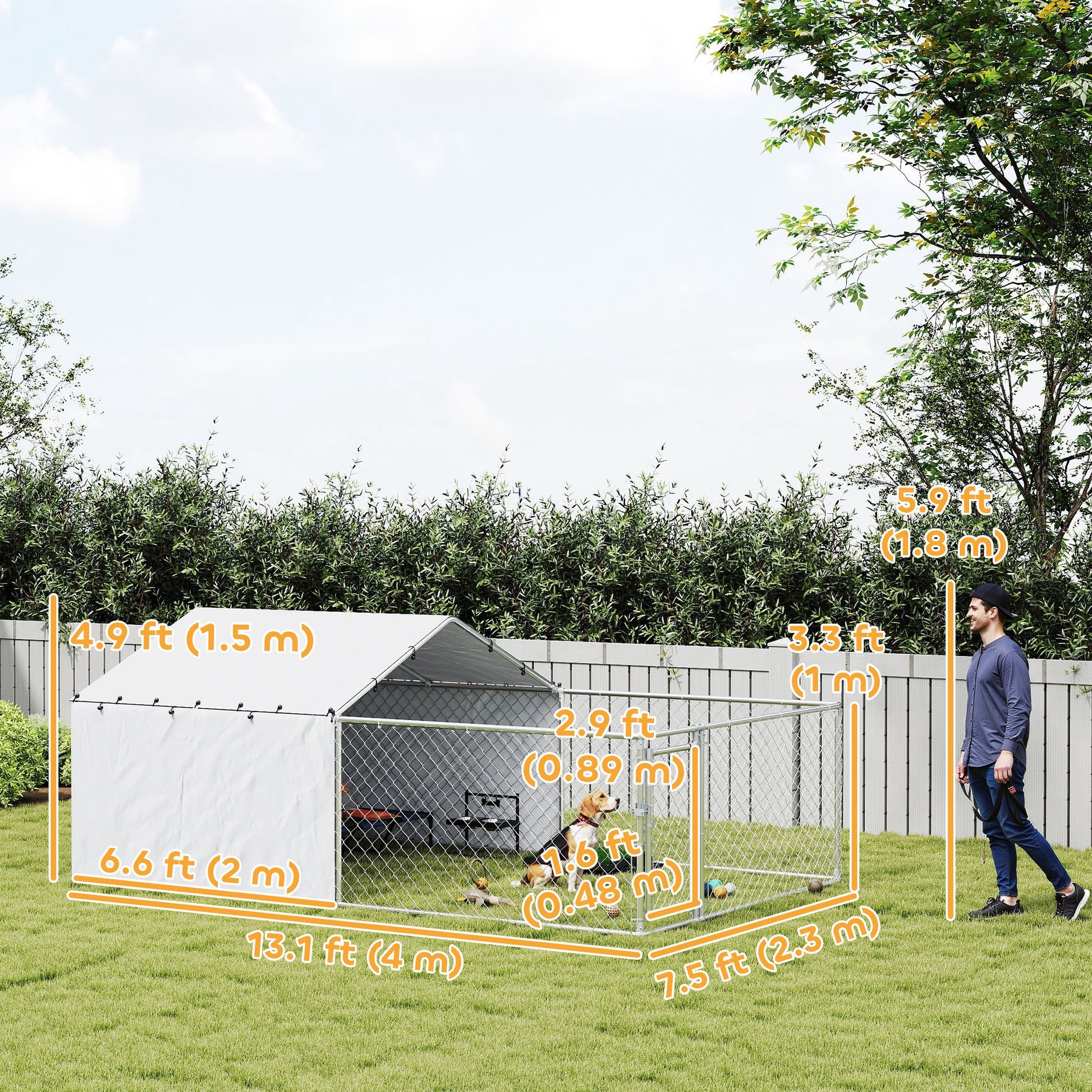 Galvanized Steel Dog Kennel Outdoor with Waterproof & UV-Resistant Cover for Large Dogs, 13.1' x 7.5' x 4.9'