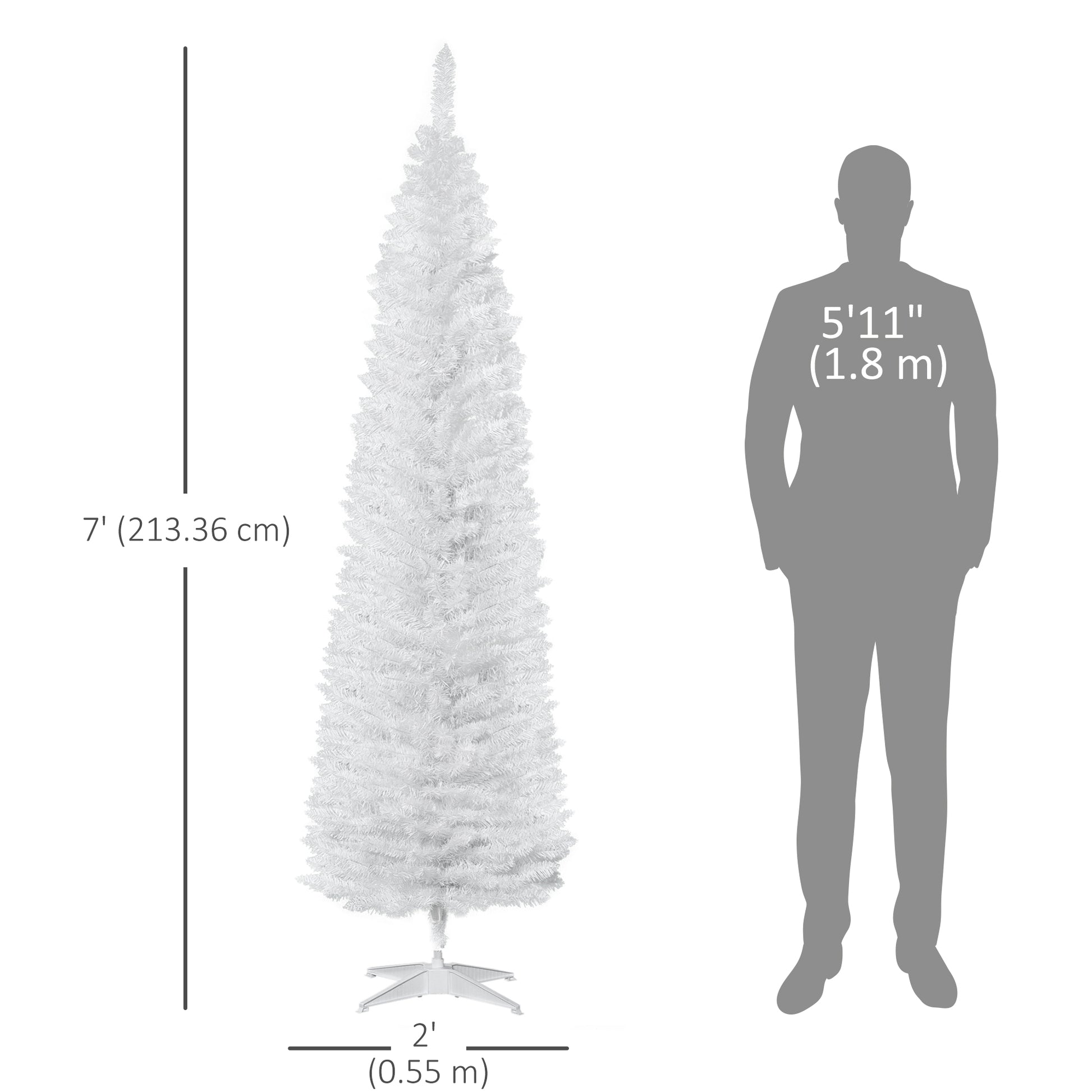 7' Pencil Christmas Tree, Slim Artificial Xmas Tree with Realistic Branches, Sturdy Metal Stand, White