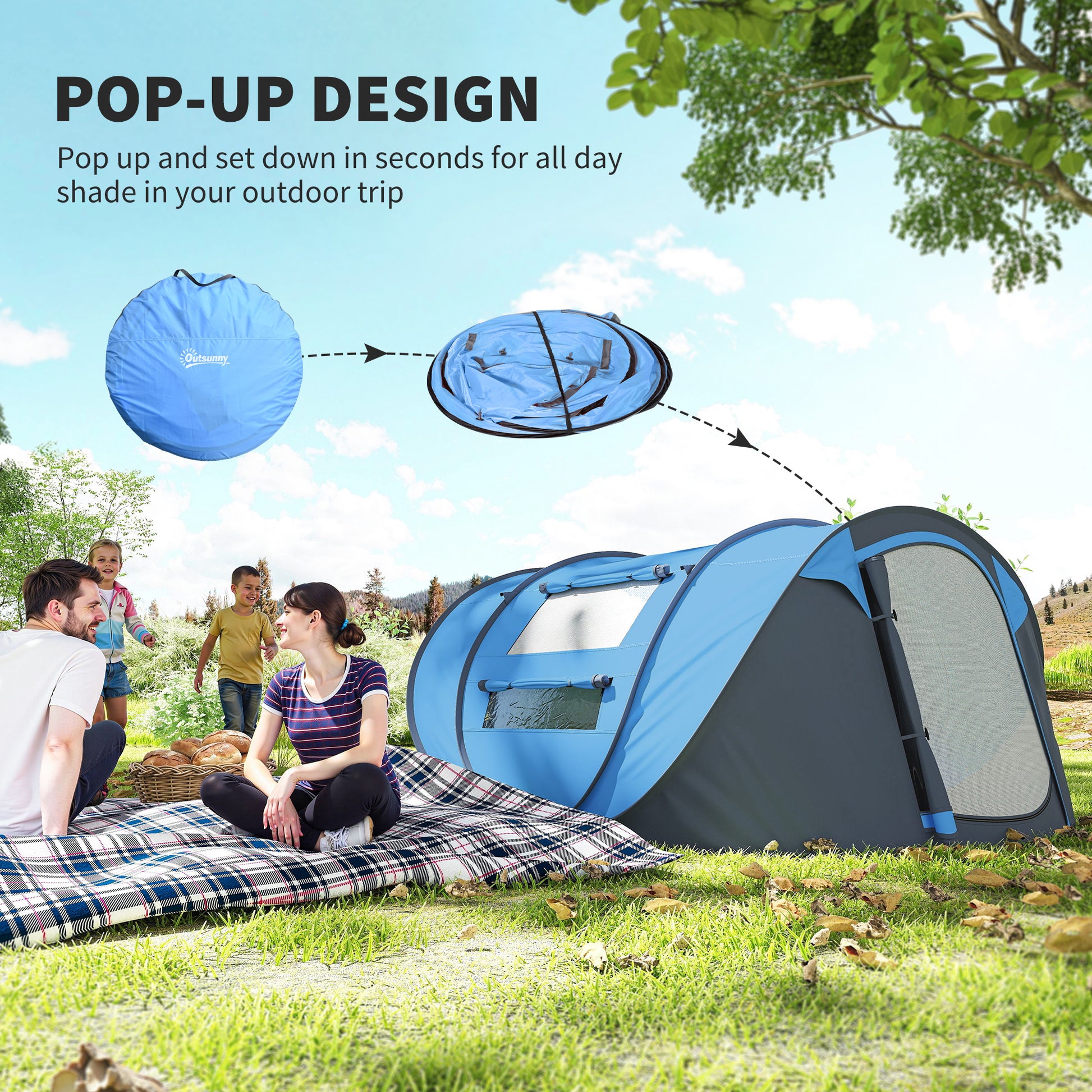 4 Person Camping Tent, Easy Pop Up Tent with Doors, Windows and Carry Bag, Automatic Setup Tent for Hiking, Blue