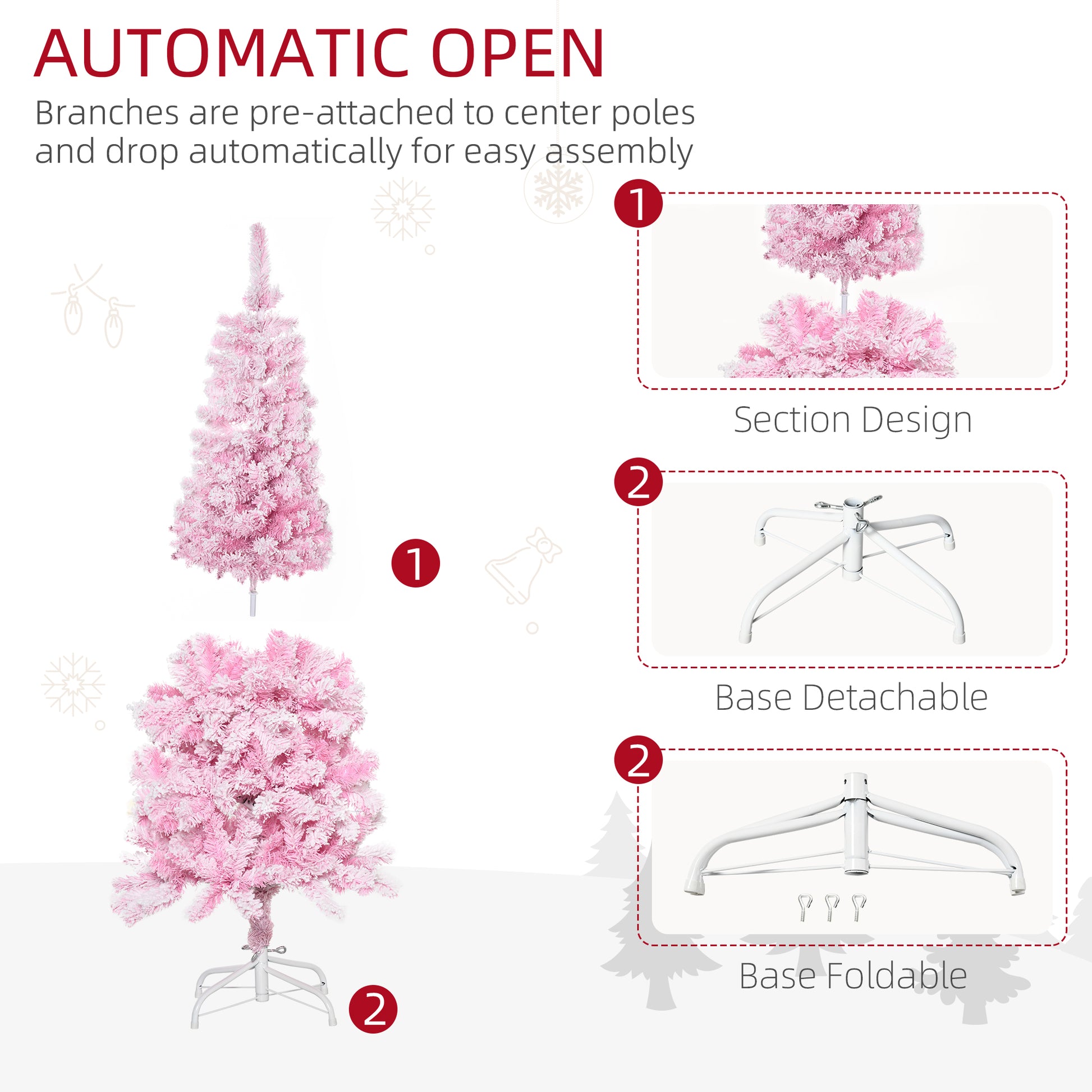5 FT Snow Flocked Artificial Christmas Tree, Pencil Xmas Tree with Realistic Branches, Auto Open and Steel Base, Pink