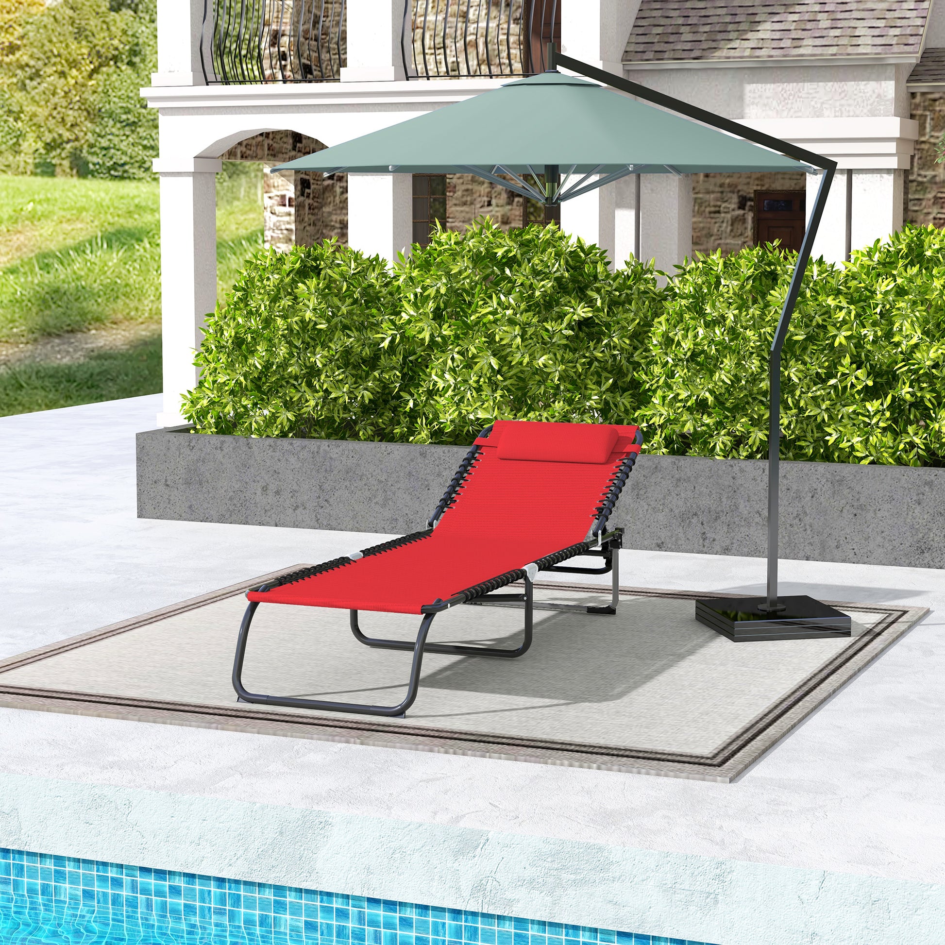 Outdoor Folding Lounge Chair, 4-Level Adjustable Chaise Lounge with Headrest, Tanning Chair Beach Bed Reclining Lounger Cot for Camping, Hiking, Backyard, Wine Red