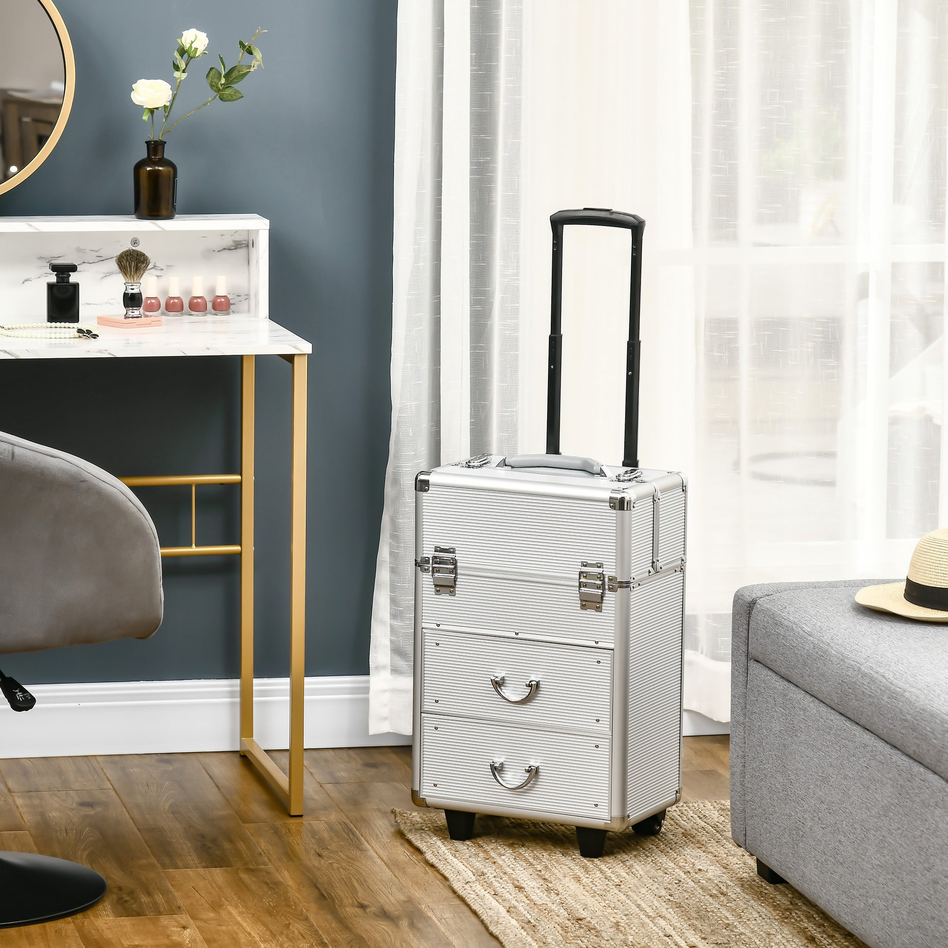 Aluminum Rolling Makeup Case, Portable Professional Cosmetic Makeup Case, Lockable Traveling Cart Trunk with Folding Trays, Swivel Wheels and Keys, Silver