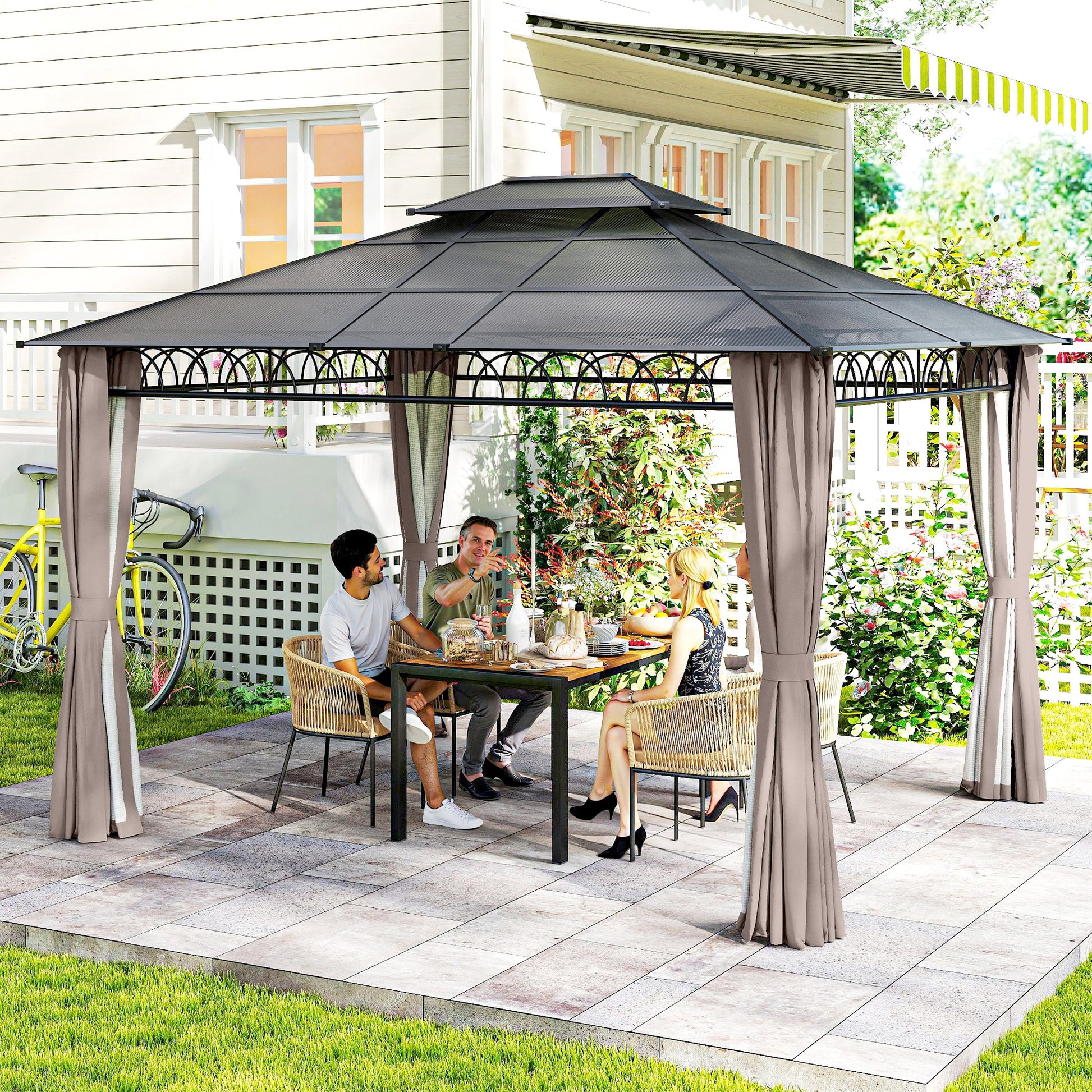 10' x 12' Outdoor Gazebo Canopy, Double Roof Hardtop Gazebo with Polycarbonate Roof, Steel Frame, Nettings and Curtains, for Garden, Lawn, Backyard and Deck, Khaki
