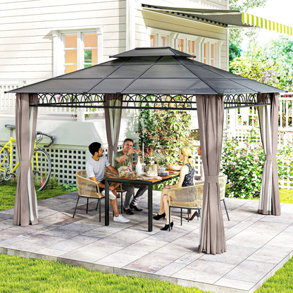 10' x 12' Outdoor Gazebo Canopy, Double Roof Hardtop Gazebo with Polycarbonate Roof, Steel Frame, Nettings and Curtains, for Garden, Lawn, Backyard and Deck, Khaki