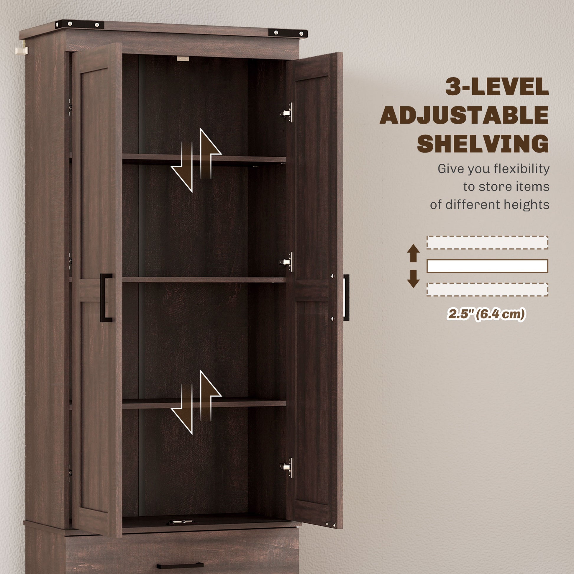 67" Tall Kitchen Pantry Storage Cabinet, Kitchen Pantry Cabinet with Doors, Drawers and Adjustable Shelves