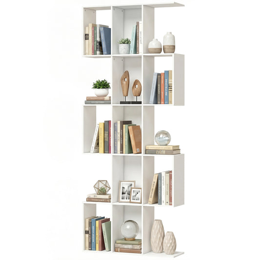 5-Tier Bookshelf, S Shaped Geometric Bookcase with 15 Compartments, White Wood Grain