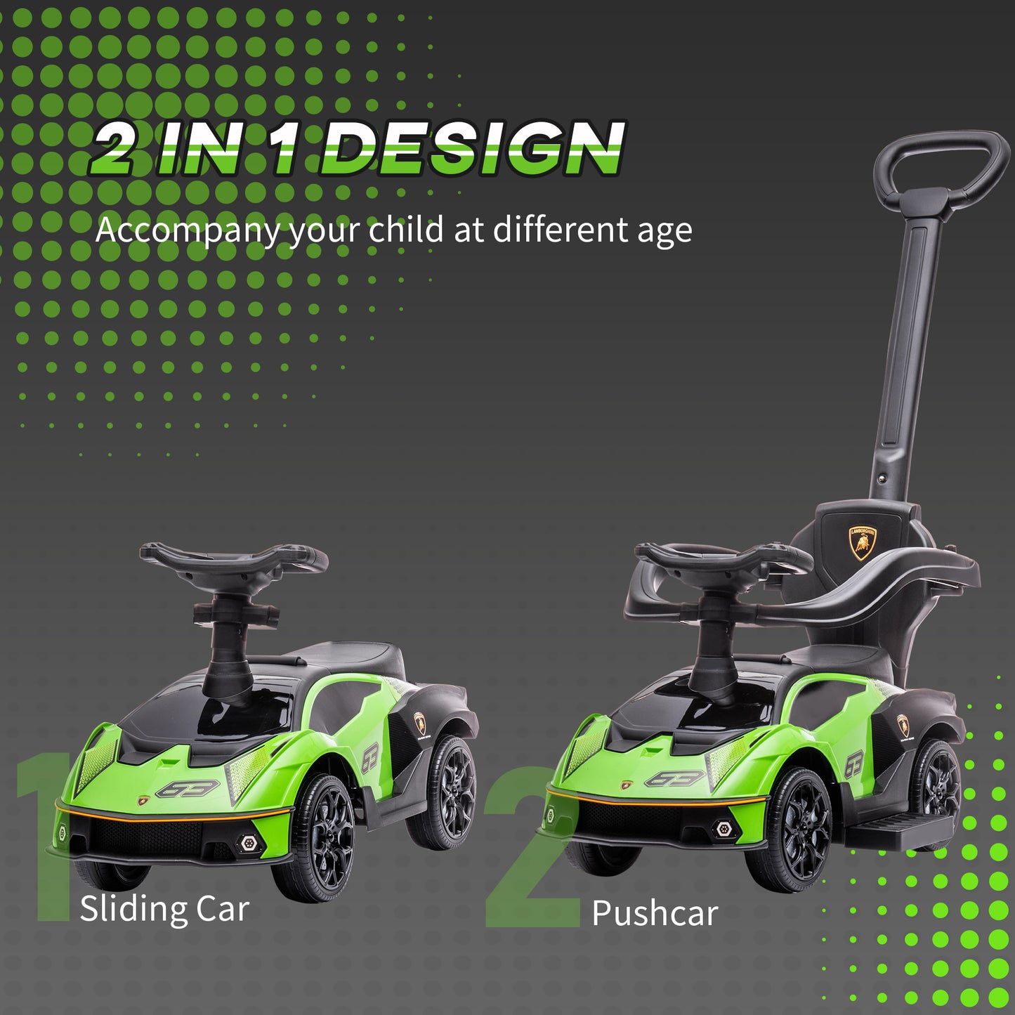 Aosom 3 in 1 Ride on Push Car for Toddlers, Licensed Kids Sliding Car with Safety Protection Footrest Horn, Green