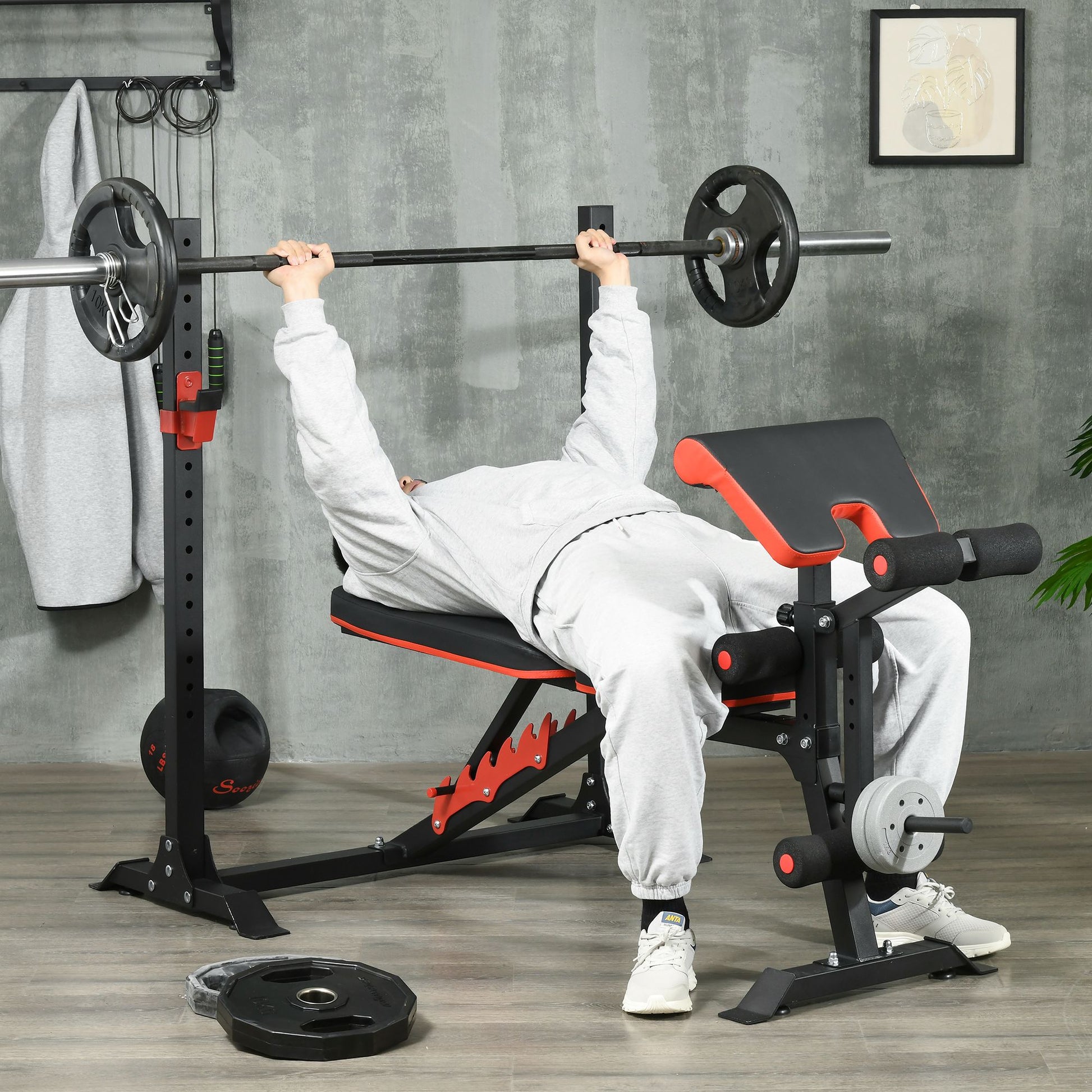 Soozier Adjustable Weight Bench with Squat Rack, Preacher Curl Pad and Leg Developer, Home Gym Bench for Full Body Workout