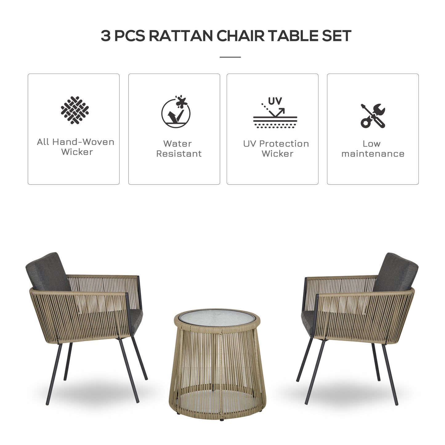 3 Pieces Wicker Patio Furniture Set, Rattan Bistro Set with Coffee Table and Cushions, Outdoor Conversation Set for Garden, Porch, Balcony, Grey