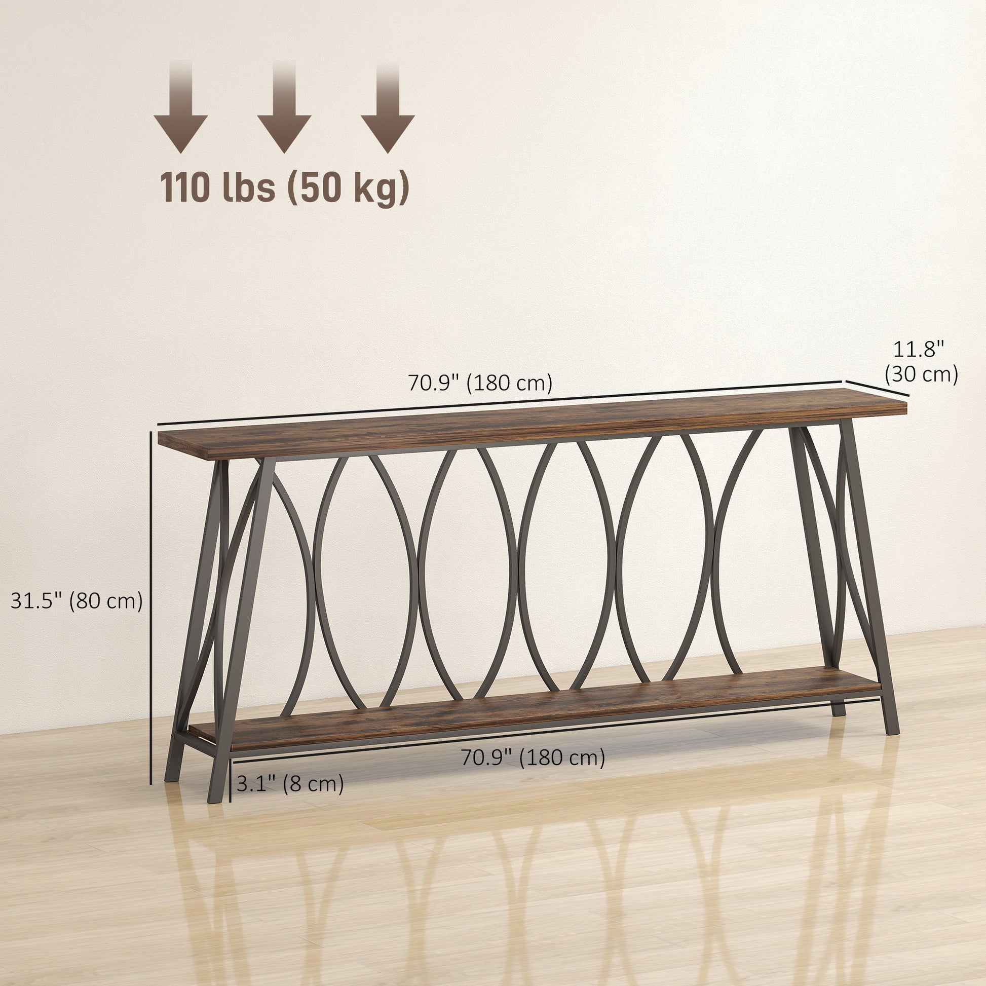 71" Console Table, Industrial 2-Tier Narrow Entryway Table with Metal Frame for Living Room, Hallway, Rustic Brown