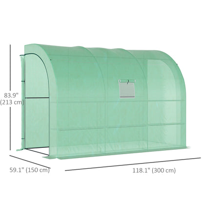 Walk-in Wall Lean-to Greenhouse, 10' x 5' x 7' Outdoor Gardening Green House with PE Cover, Windows, Shelves and 2 Zipper Doors, Green