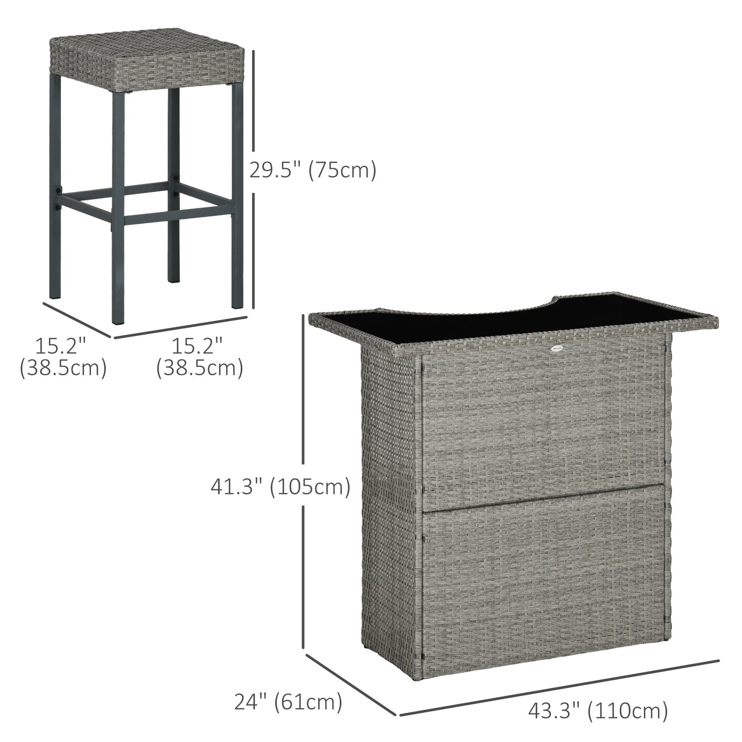 5 Pieces Patio Bar Set, Outdoor PE Rattan Wicker High Top Outdoor Table and Chairs Outdoor Bar Set with Tempered Glass Top Bar Table and Shelves, 4 Bar Chairs, Grey