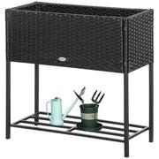 Rattan Raised Garden Boxes, Elevated Flower Beds with Storage Shelf for Herbs, Flowers, Vegetables, Black