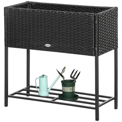 Rattan Raised Garden Boxes, Elevated Flower Beds with Storage Shelf for Herbs, Flowers, Vegetables, Black