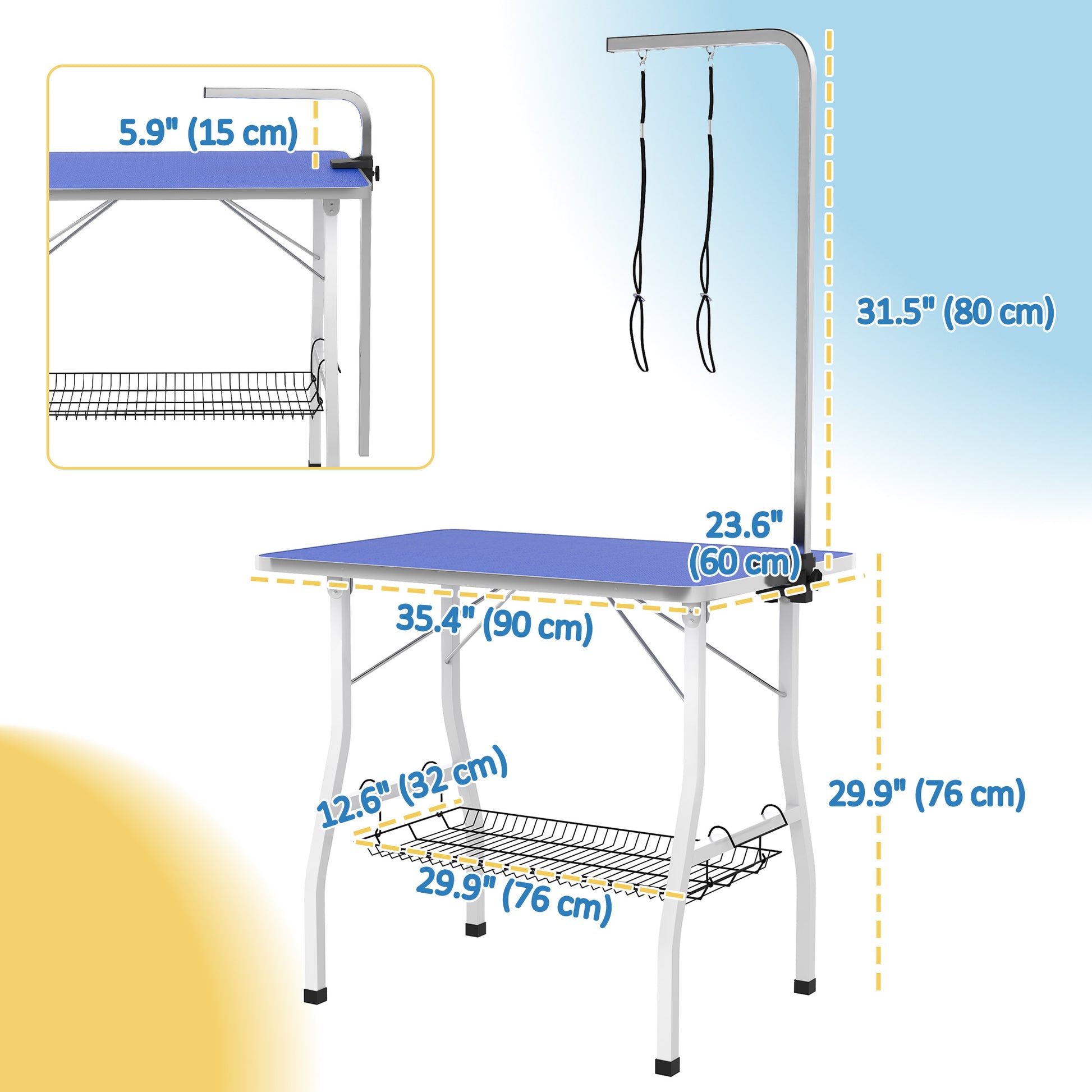 Dog Grooming Table w/ Adjustable Arm, Mesh Tray, Two Nooses, Rubber Surface, 35" x 24" x 61", Blue