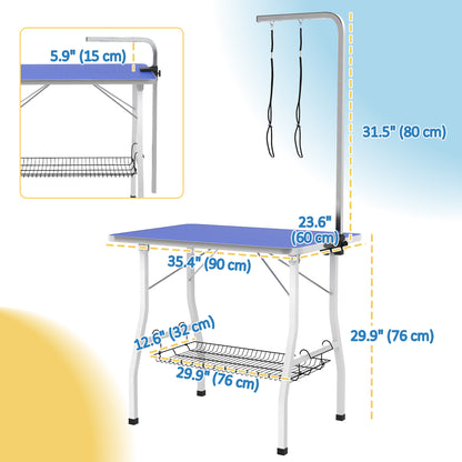 Dog Grooming Table w/ Adjustable Arm, Mesh Tray, Two Nooses, Rubber Surface, 35" x 24" x 61", Blue
