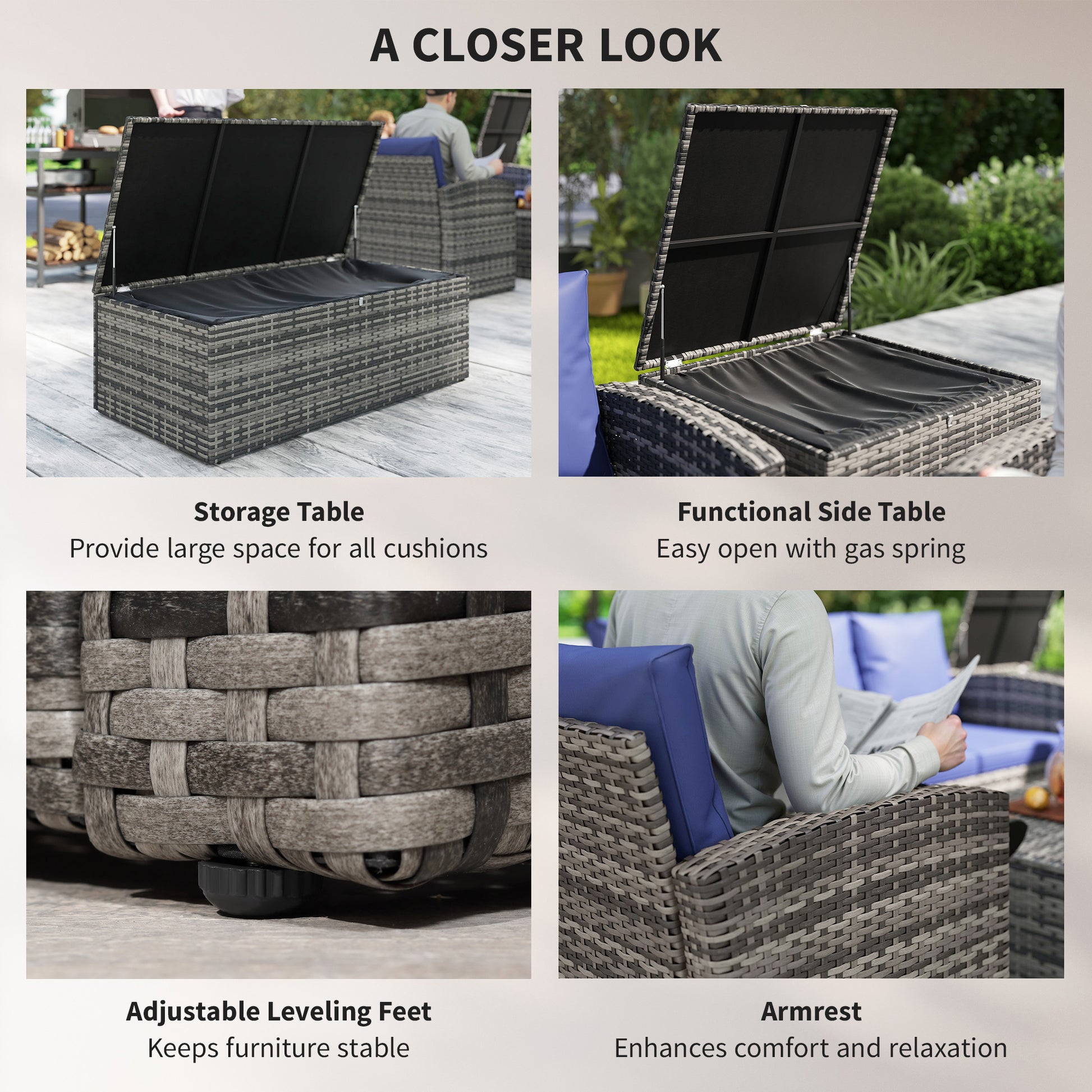 6 Pieces Wicker Patio Furniture Set with Cushions, 7-Seater Rattan Patio Sofa Set with Storage Table, Navy Blue