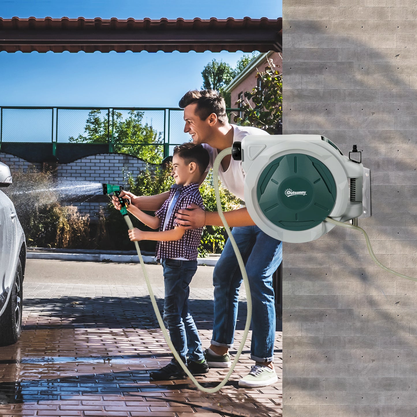 1/2 in x 65ft Wall Mounted Garden Hose Reel, Retractable Water Hose Reel with Auto Rewind, Any Length Lock, Green