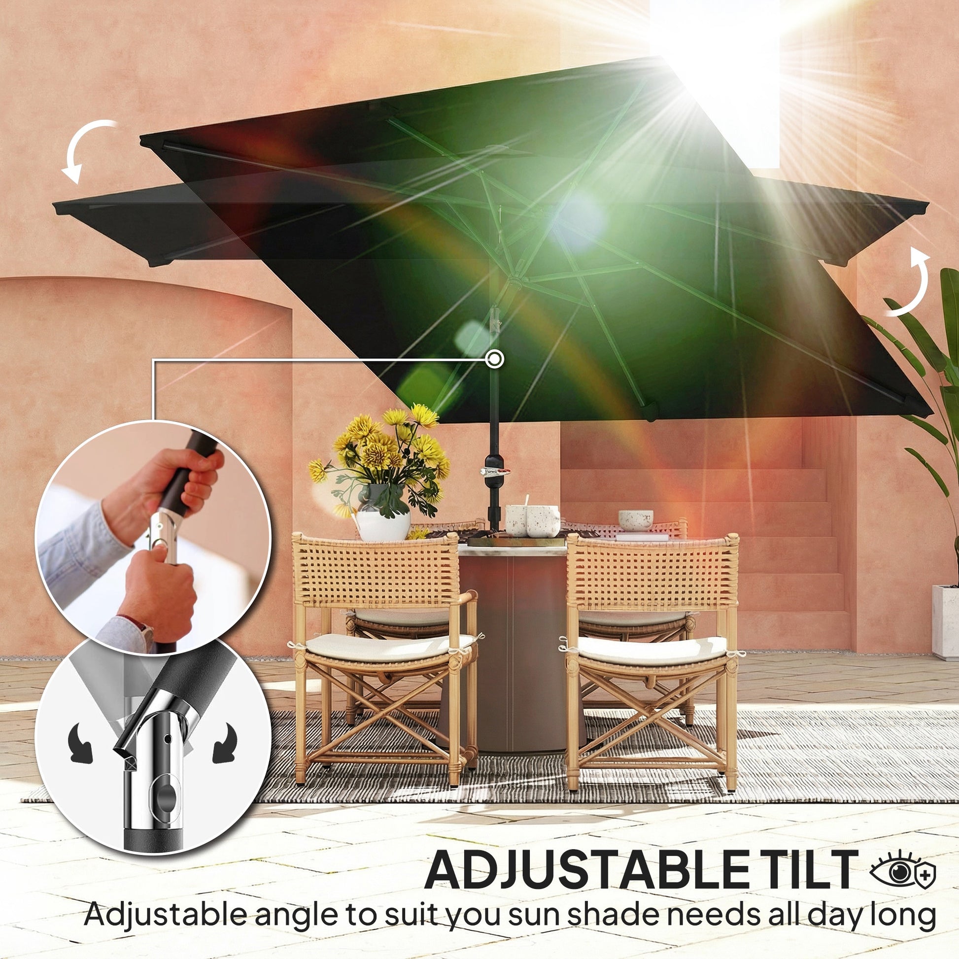 6.4 x 9.7ft Rectangle Aluminum Tilt Patio Umbrella, Garden Market Parasol, Outdoor Sunshade Canopy with Crank, Black