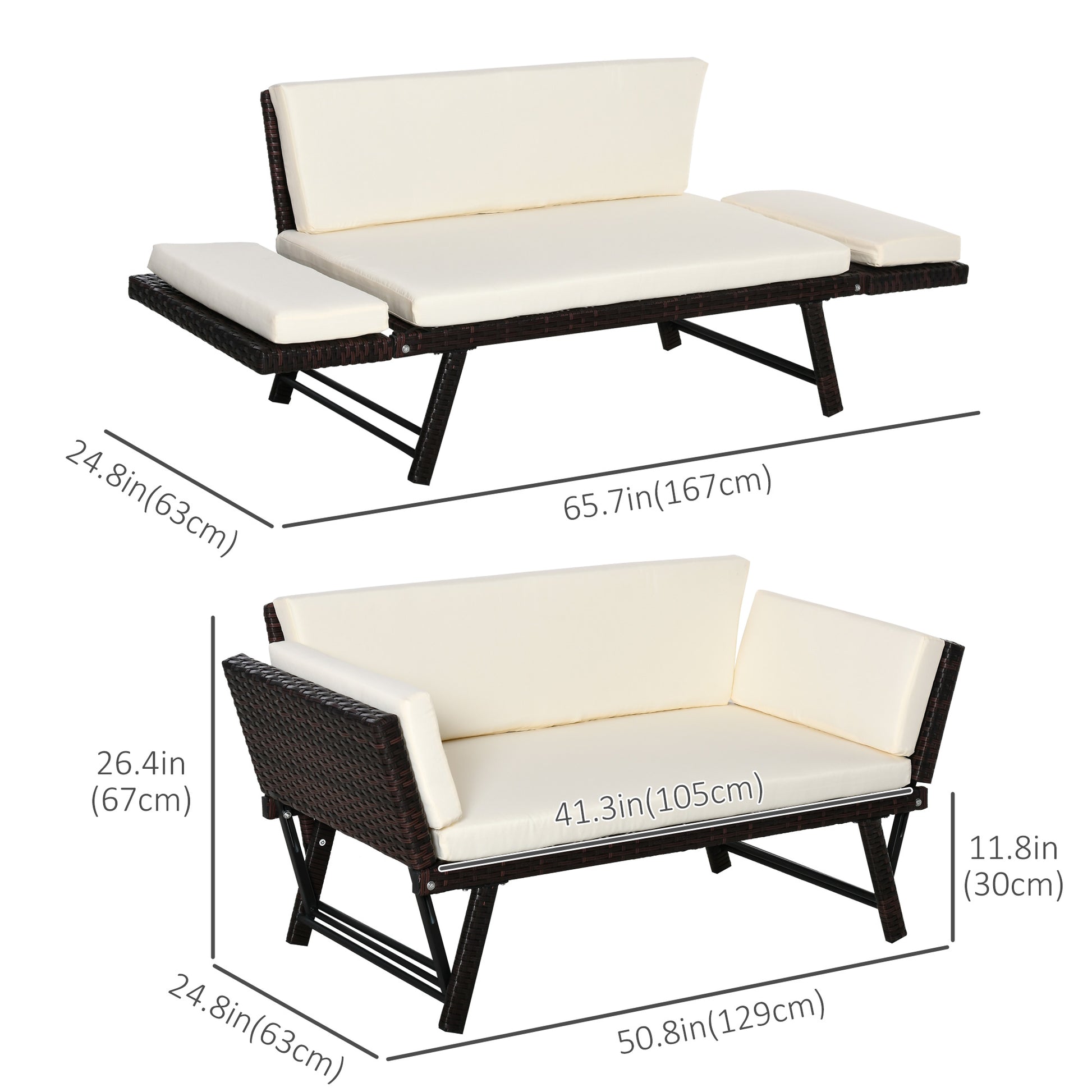 Convertible Rattan Sofa Bed Chaise Lounge Wicker Loveseat Armchair Double Seat with Cushion All Weather Patio Furniture Brown
