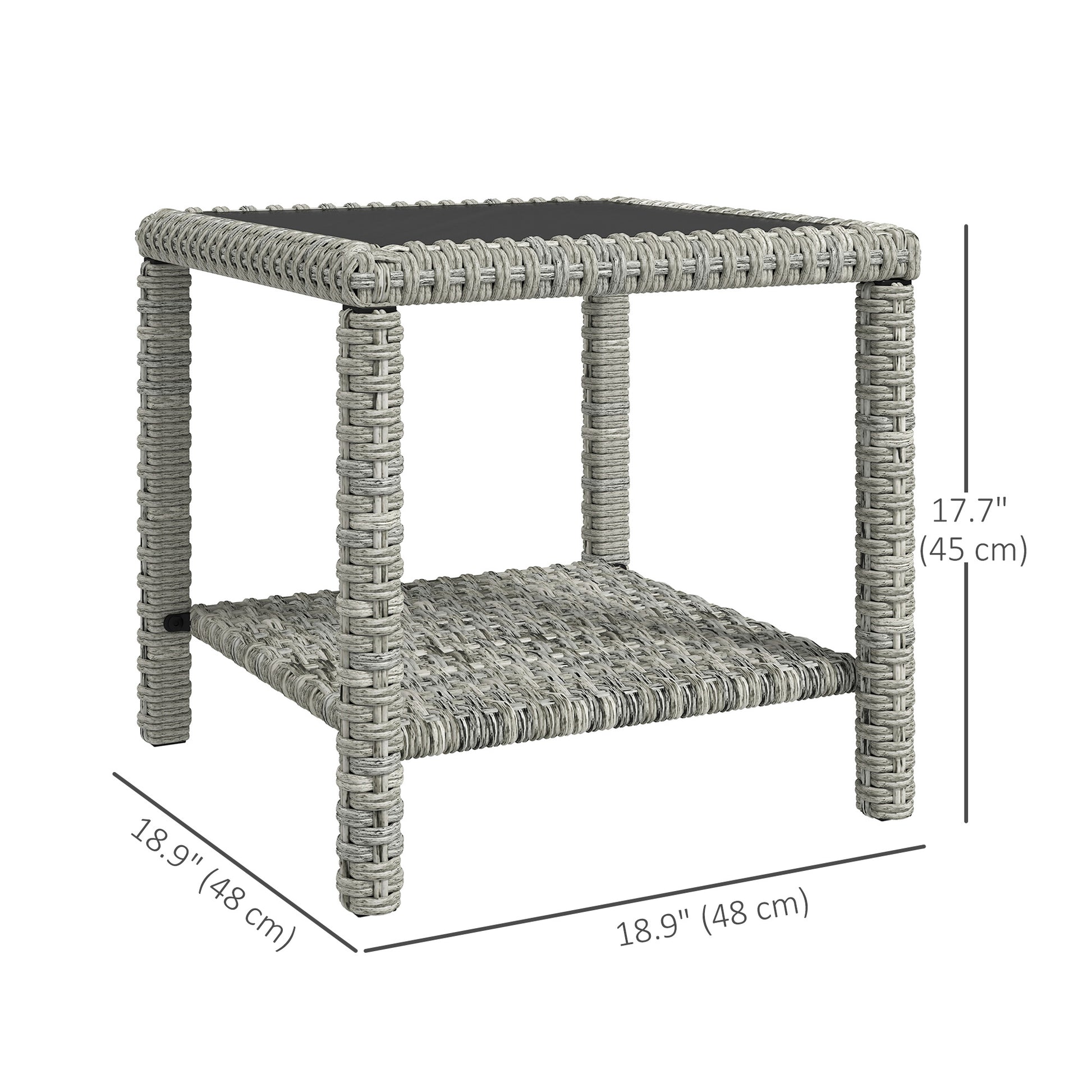 19" Outdoor Wicker Coffee Table with Glass Top, Storage Shelf for Garden Porch Balcony Deck, Dark Grey