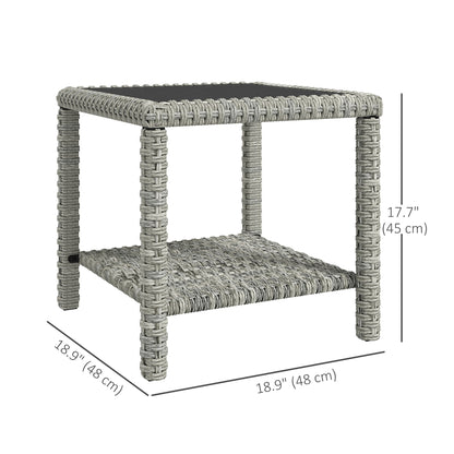 19" Outdoor Wicker Coffee Table with Glass Top, Storage Shelf for Garden Porch Balcony Deck, Dark Grey