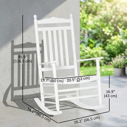 Wooden Outdoor Rocking Chair, Patio Rocking Chair with Slatted High Back and Armrests for Porch, Garden, Lawn, White