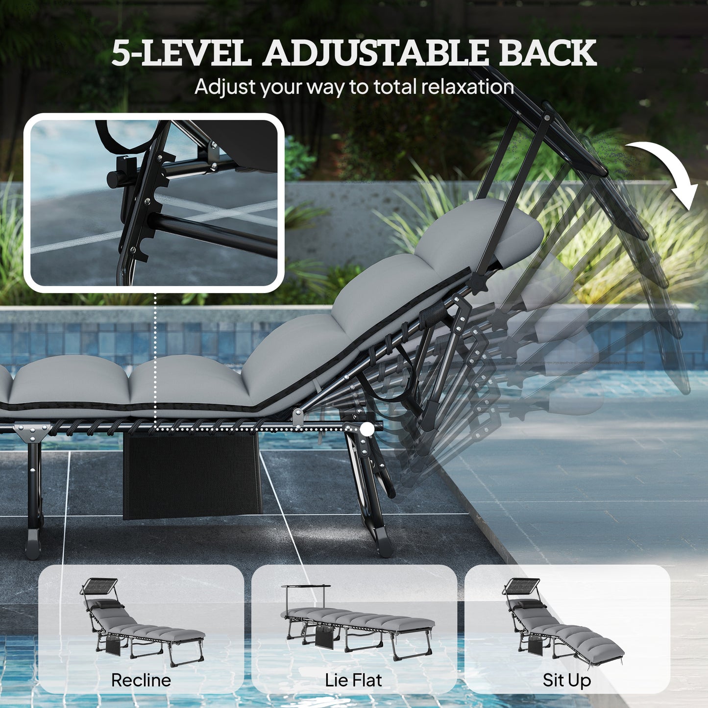 Outdoor Chaise Lounge Chairs, 2 PCS Folding Lounge Chairs with Adjustable 5-Position, Cushion, Canopy, Side Pocket