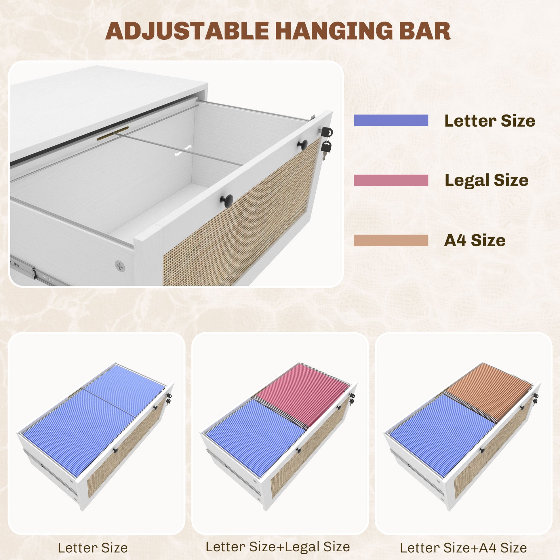 2-Drawer Filing Cabinet with Lock, Rattan File Cabinet with Adjustable Hanging Bar, White