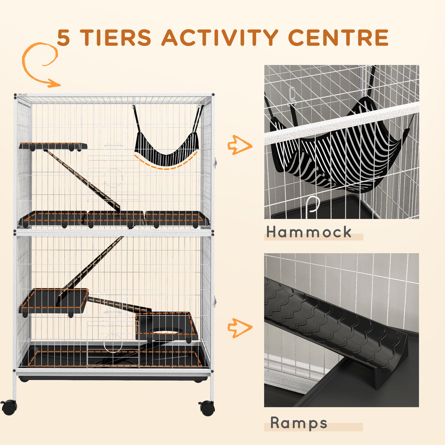 5-Tier Rolling Small Animal Cage, Deluxe Guinea Pig Cage, Ferret Cage for Mink Chinchilla Kitten Rabbit, Light Grey