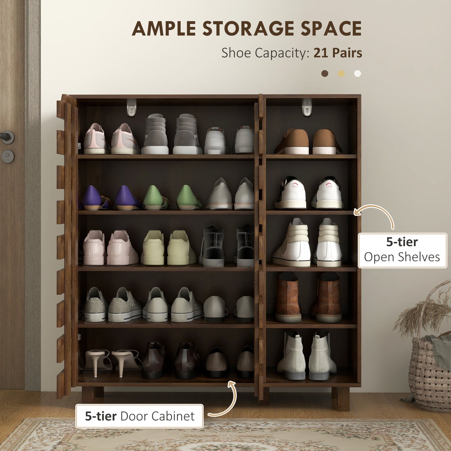 Shoe Cabinet, 21 Pair Shoe Storage Cabinet Organizer with 5-tier Double Door Cupboard and 5-tier Open Shelves, Brown
